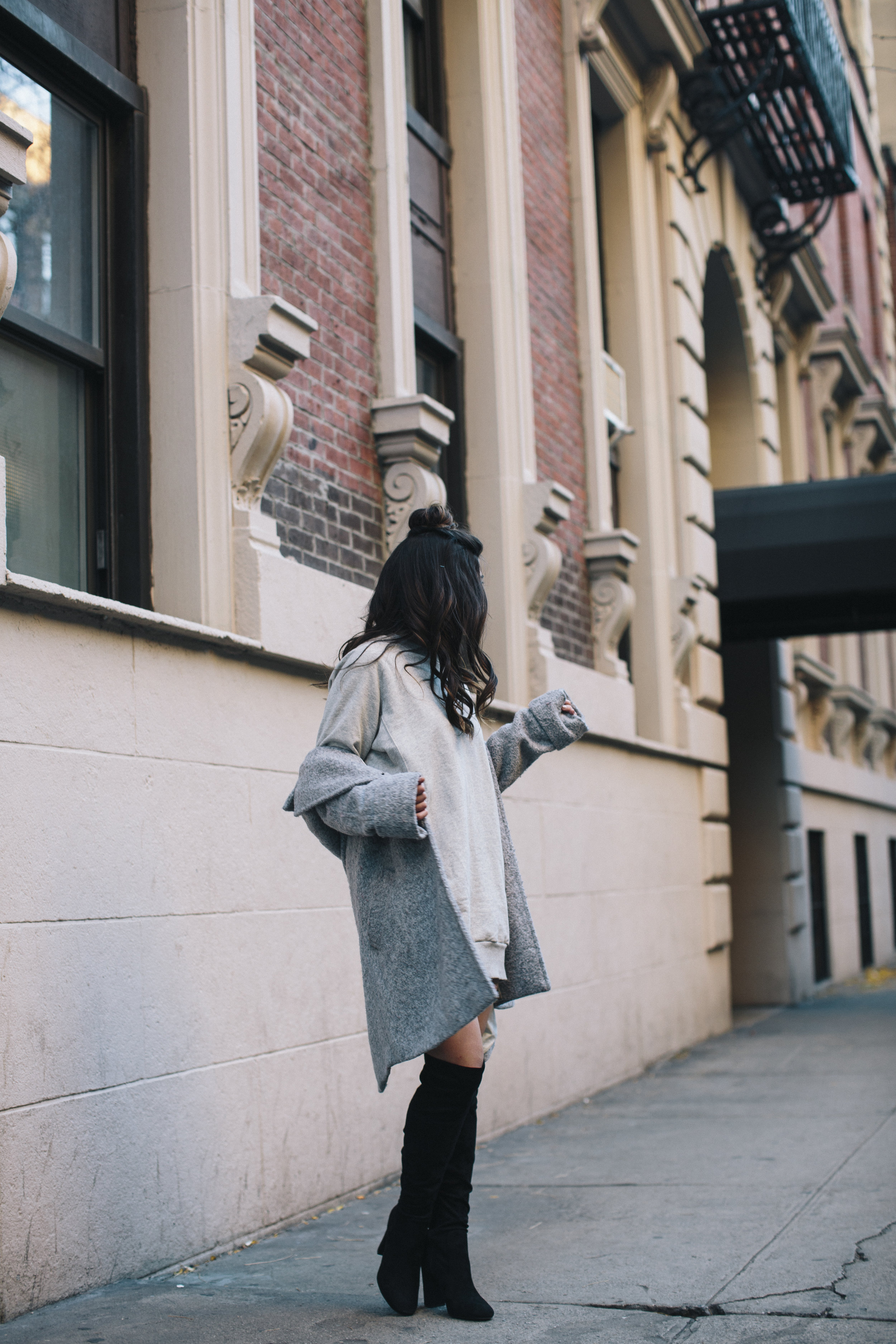 All Grey Look OTK Boots Why I Hate Fashion Week Esther Santer Fashion Blog Louboutins & Love NYC Street Style Blogger Outfit OOTD Trendy Sweatshirt Dress Topknot Coat Women Girl Shoes Shopping Zara Beauty Monochome Accessories Wear Clothes Winter Look.jpg