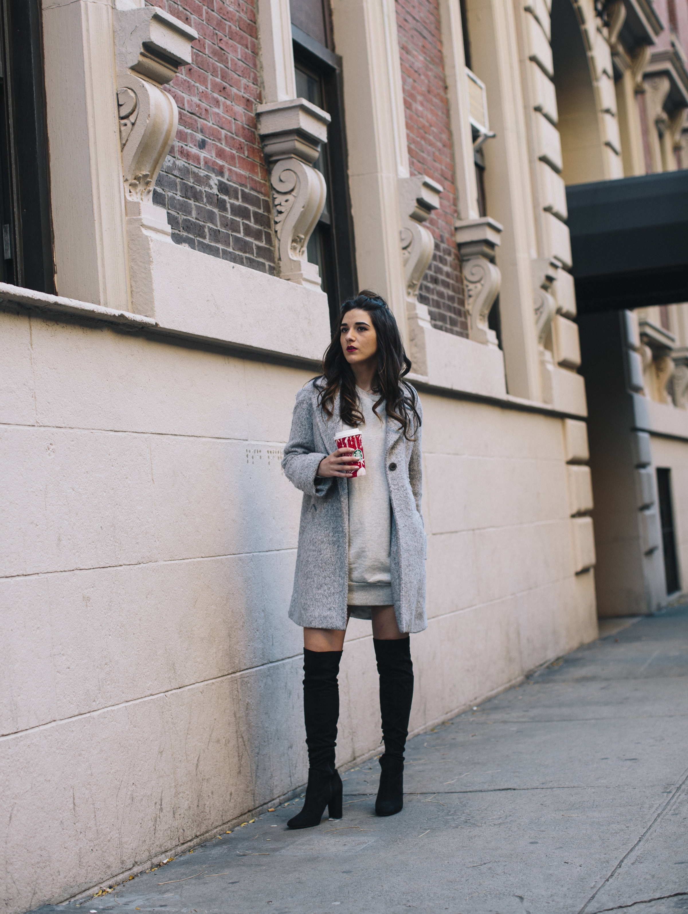 All Grey Look OTK Boots Why I Hate Fashion Week Esther Santer Fashion Blog Louboutins & Love NYC Street Style Blogger Outfit OOTD Trendy Sweatshirt Dress Topknot Coat Women Girl Shoes Shopping Zara Accessories Beauty Monochome Clothes Wear Winter Look.jpg