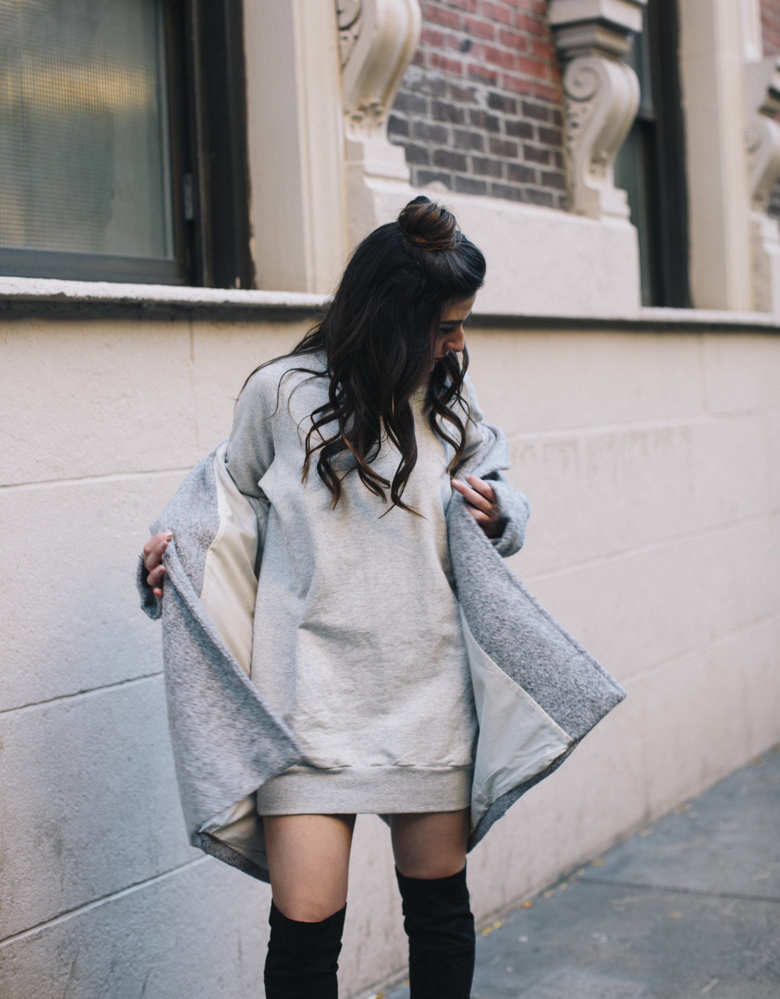 All Grey Look OTK Boots Why I Hate Fashion Week Esther Santer Fashion Blog Louboutins & Love NYC Street Style Blogger Outfit OOTD Trendy Sweatshirt Dress Topknot Coat Women Girl Shoes Shopping Zara Accessories Wear Beauty Monochome Winter Look Clothes.jpg