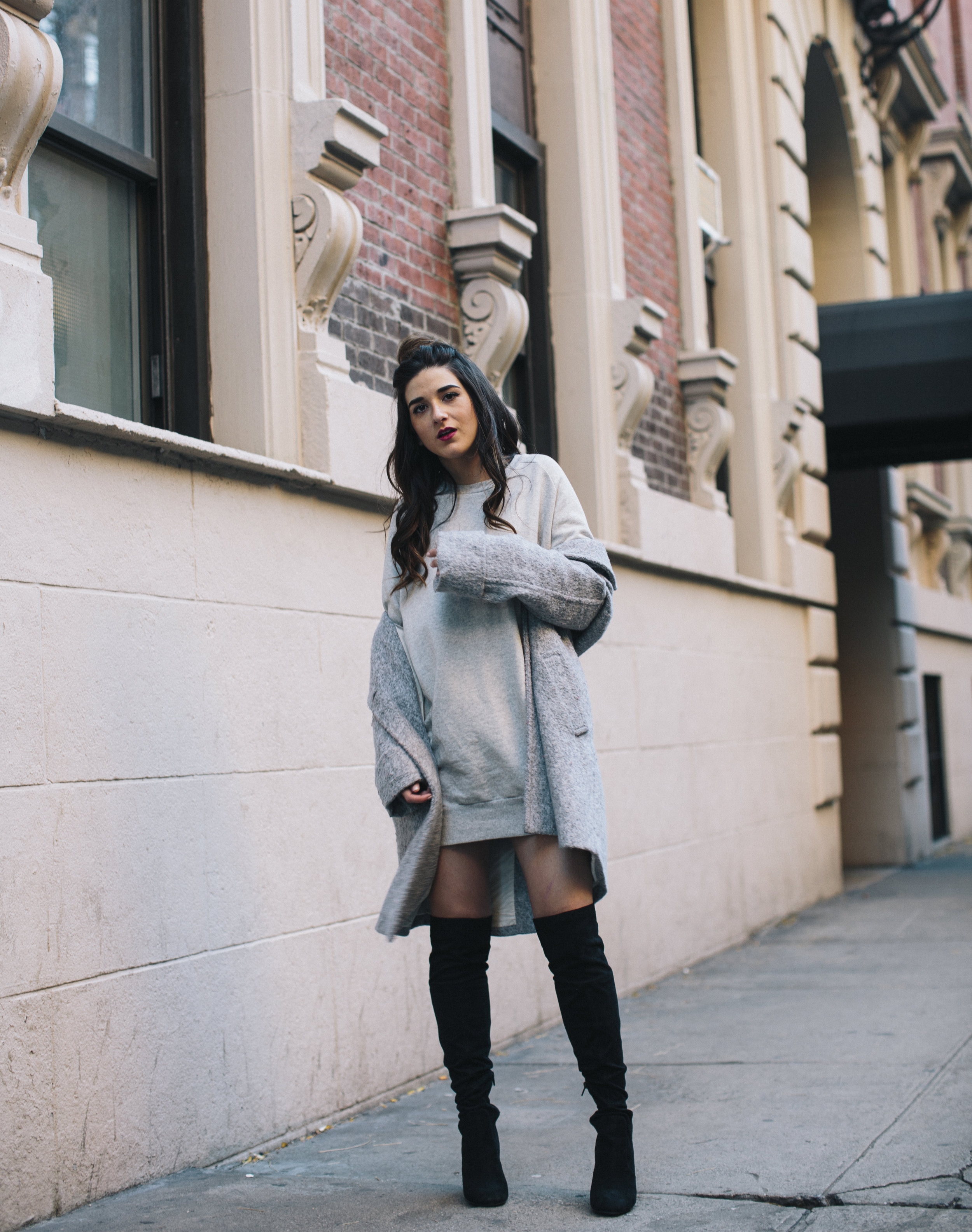 All Grey Look OTK Boots Why I Hate Fashion Week Esther Santer Fashion Blog Louboutins & Love NYC Street Style Blogger Outfit OOTD Trendy Sweatshirt Dress Topknot Coat Women Girl Shoes Shopping Zara Beauty Accessories Monochome Wear Clothes Winter Look.jpg