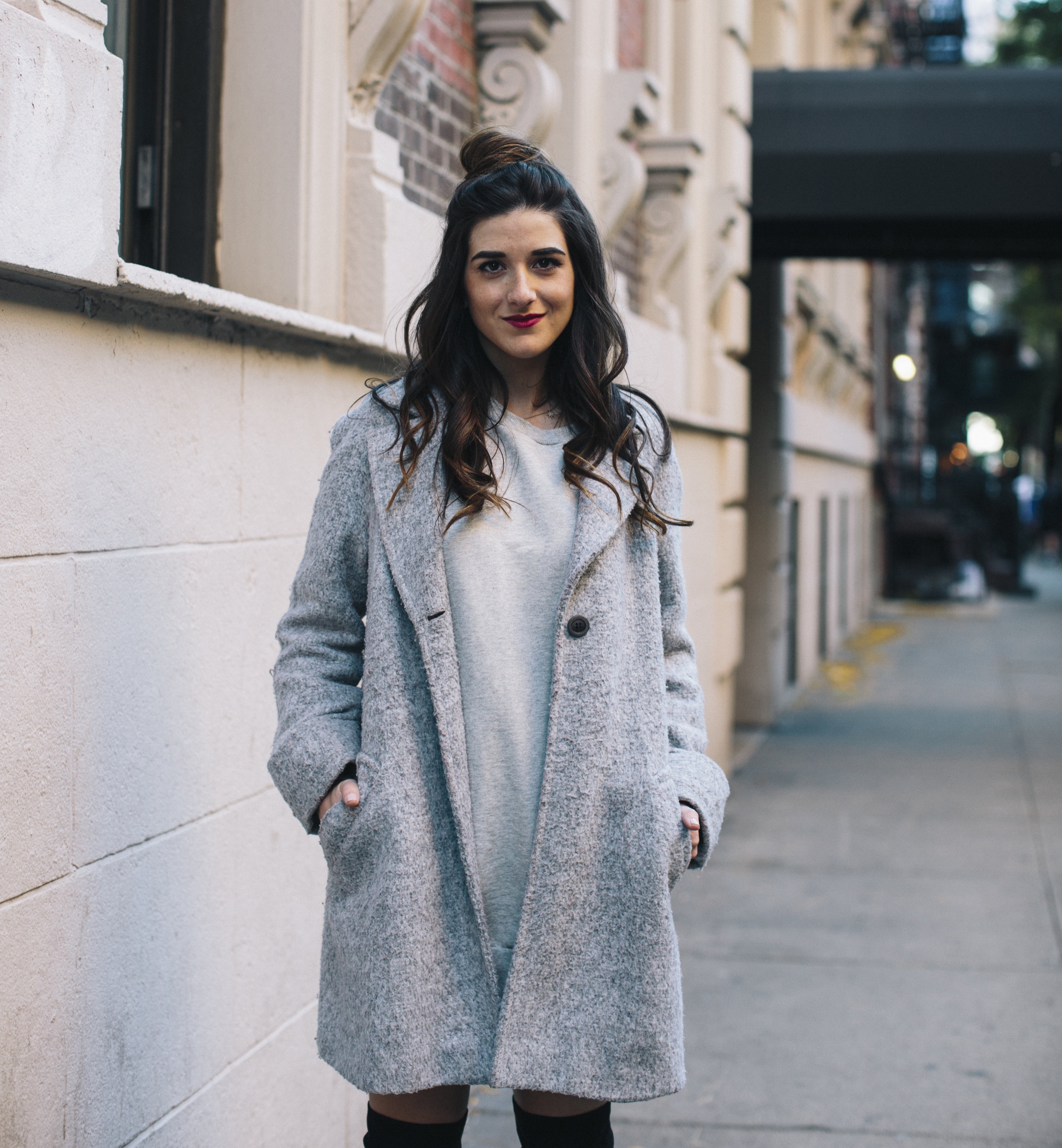 All Grey Look OTK Boots Why I Hate Fashion Week Esther Santer Fashion Blog Louboutins & Love NYC Street Style Blogger Outfit OOTD Trendy Sweatshirt Dress Topknot Coat Women Girl Shoes Shopping Zara Accessories Beauty Monochome Wear Clothes Winter Look.jpg