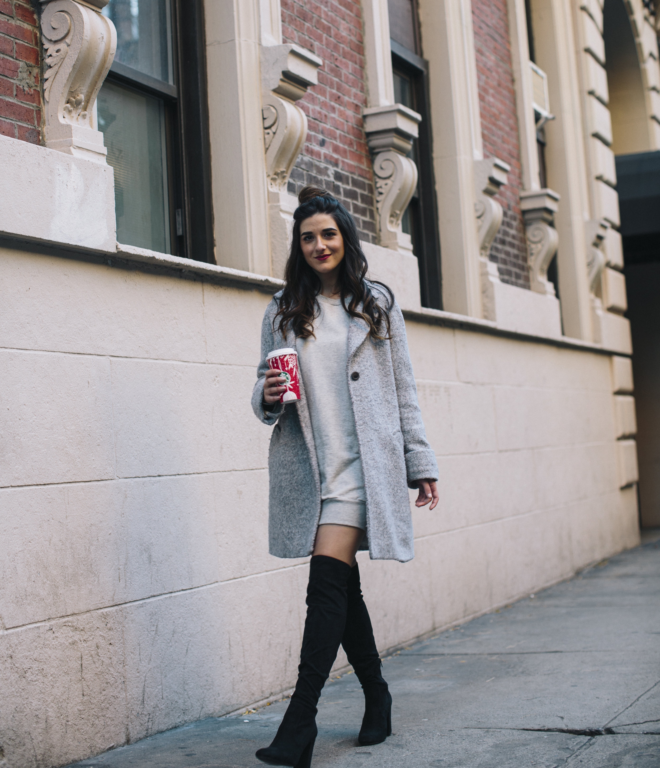 All Grey Look OTK Boots Why I Hate Fashion Week Esther Santer Fashion Blog Louboutins & Love NYC Street Style Blogger Outfit OOTD Trendy Sweatshirt Dress Topknot Coat Women Girl Shoes Shopping Zara Accessories Monochome Wear Beauty Winter Look Clothes.jpg