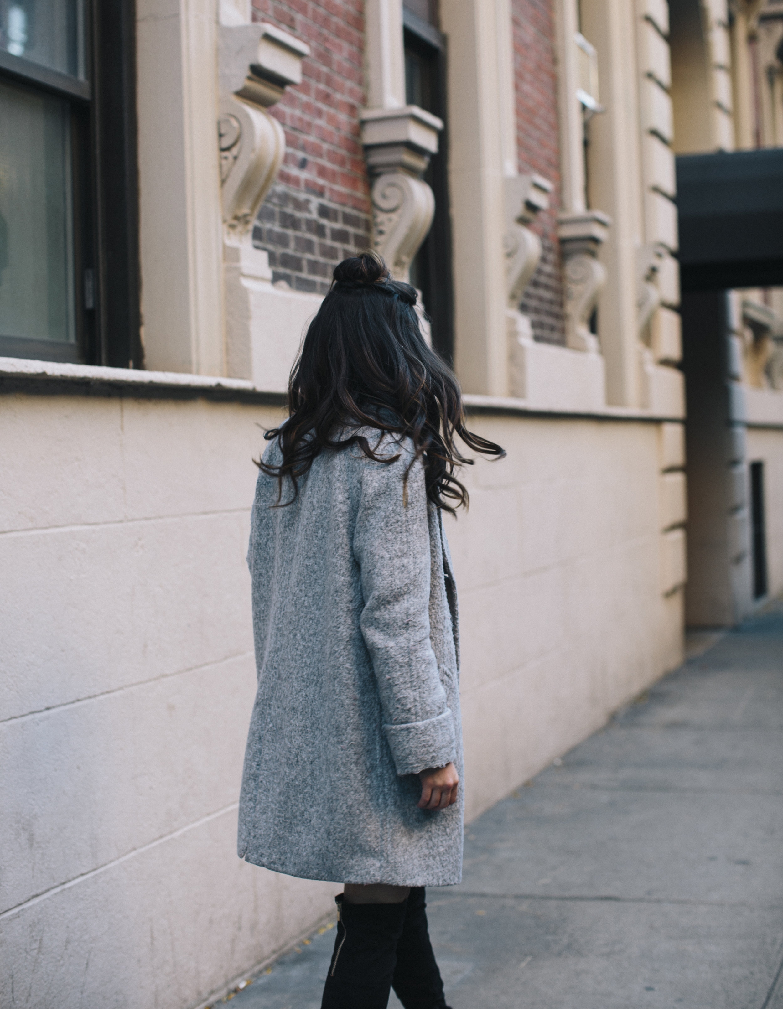 All Grey Look OTK Boots Why I Hate Fashion Week Esther Santer Fashion Blog Louboutins & Love NYC Street Style Blogger Outfit OOTD Trendy Sweatshirt Dress Topknot Coat Women Girl Shoes Shopping Zara Monochome Beauty Look Accessories Winter Wear Clothes.jpg