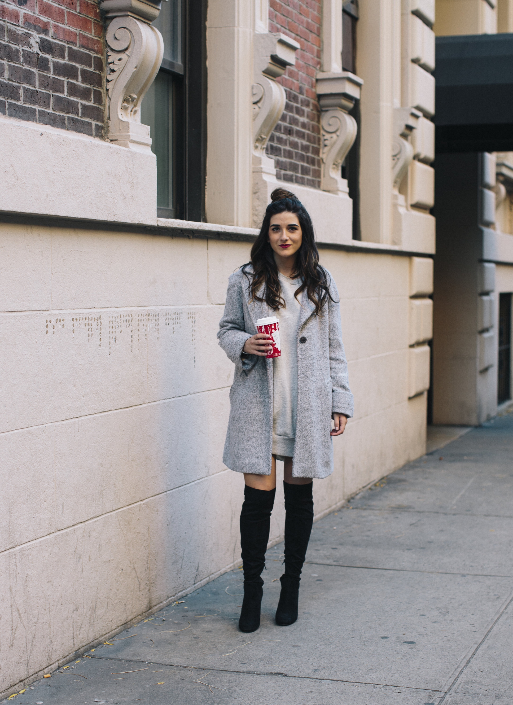 All Grey Look OTK Boots Why I Hate Fashion Week Esther Santer Fashion Blog Louboutins & Love NYC Street Style Blogger Outfit OOTD Trendy Sweatshirt Dress Topknot Coat Women Girl Shoes Shopping Zara Accessories Beauty Monochome Wear Winter Look Clothes.jpg