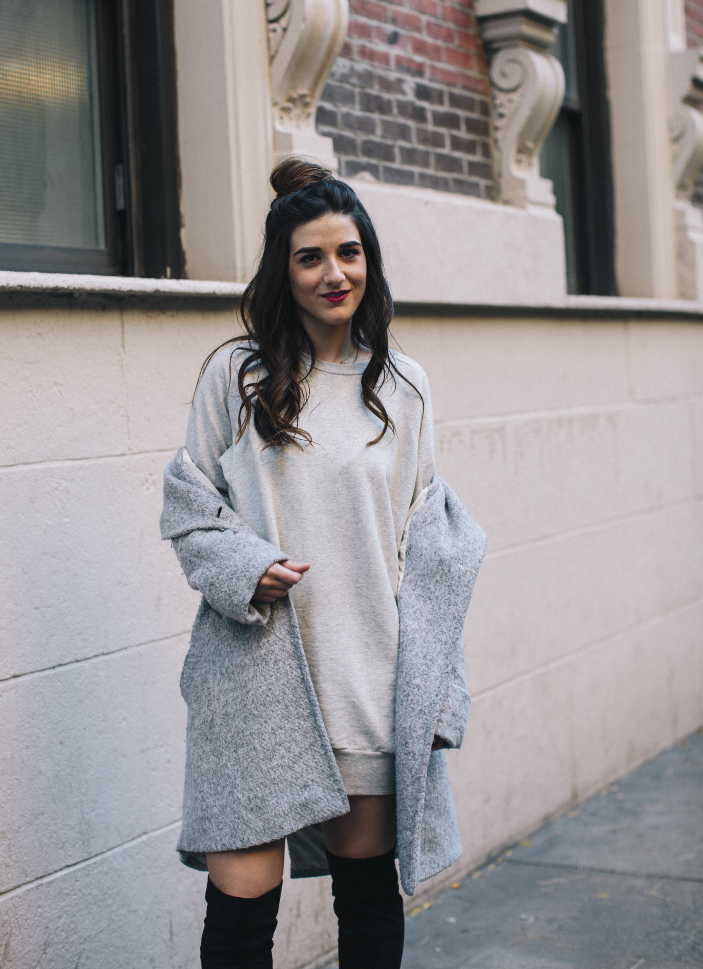 All Grey Look OTK Boots Why I Hate Fashion Week Esther Santer Fashion Blog Louboutins & Love NYC Street Style Blogger Outfit OOTD Trendy Sweatshirt Dress Topknot Coat Women Girl Shoes Shopping Zara Beauty Monochome Accessories Winter Wear Clothes Look.jpg