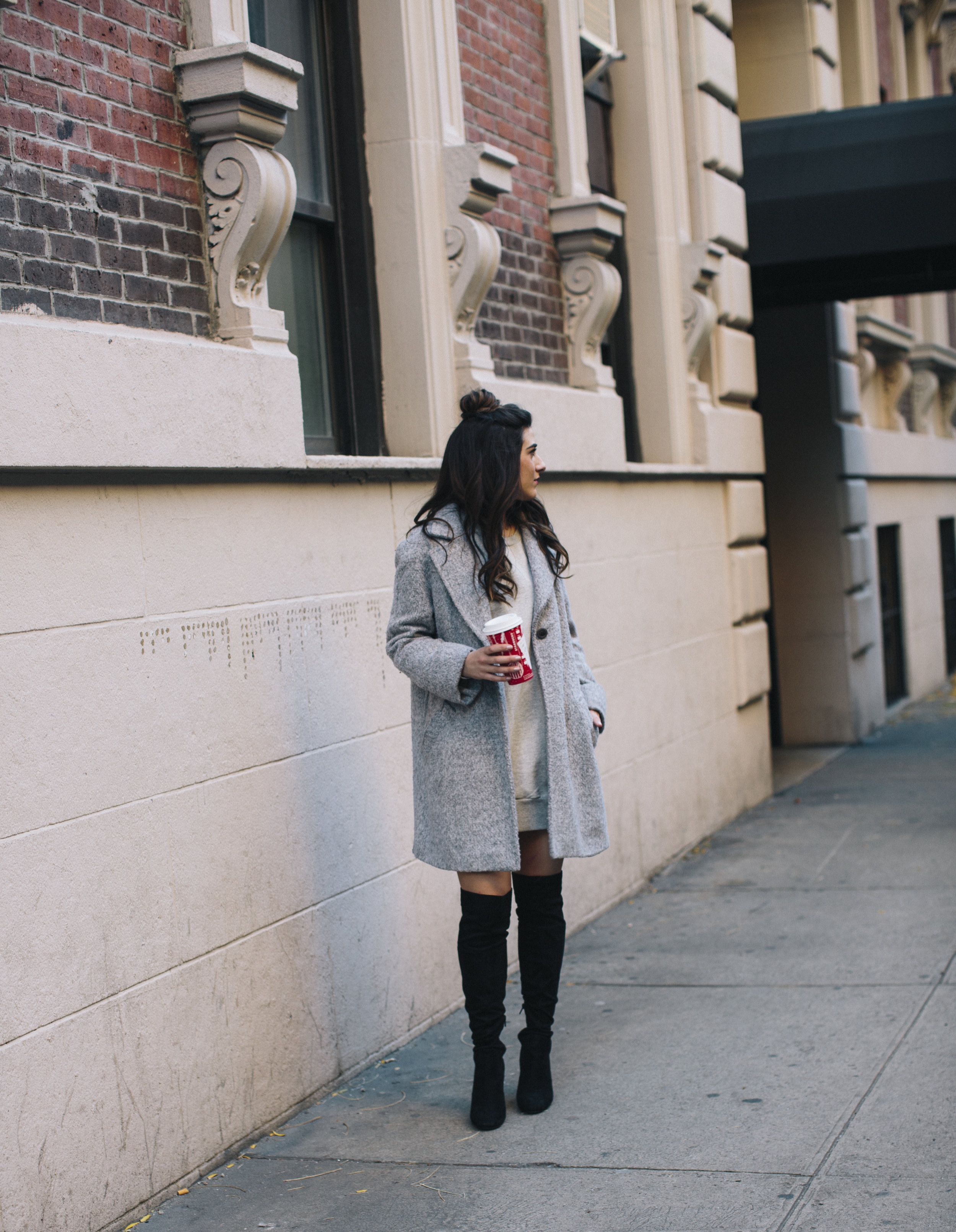 All Grey Look OTK Boots Why I Hate Fashion Week Esther Santer Fashion Blog Louboutins & Love NYC Street Style Blogger Outfit OOTD Trendy Sweatshirt Dress Topknot Coat Women Girl Shoes Shopping Zara Monochome Beauty Accessories Winter Wear Clothes Look.jpg