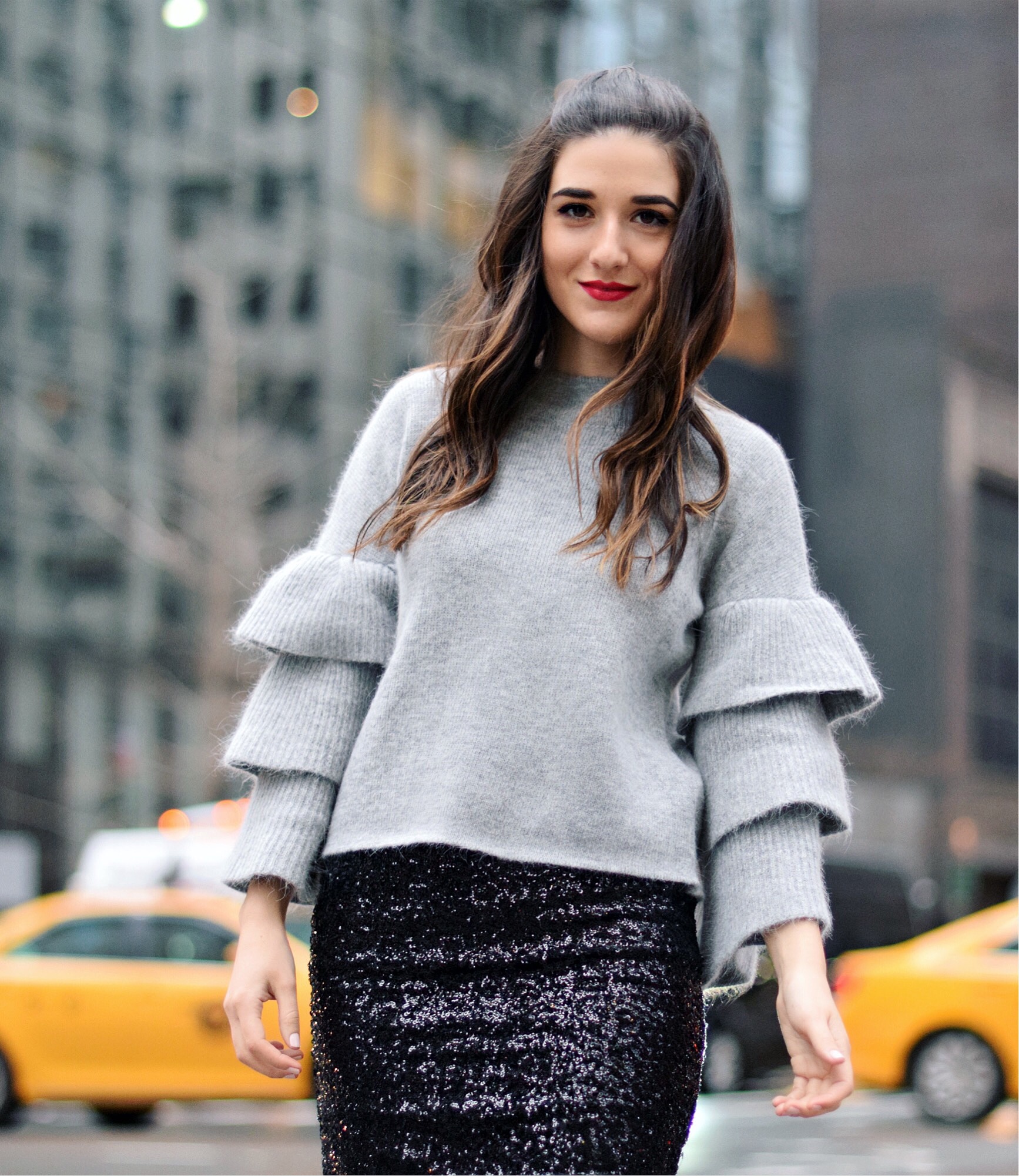 Grey Ruffle Sleeve Sweater Shop Trescool Fall Winter Esther Santer Fashion Blog Louboutins & Love NYC Street Style Blogger Outfit OOTD Trendy Hair Girl Women Trendy Online Shopping What To Wear Stylish Fashionista Beauty Photoshoot Women Sequin Skirt.JPG