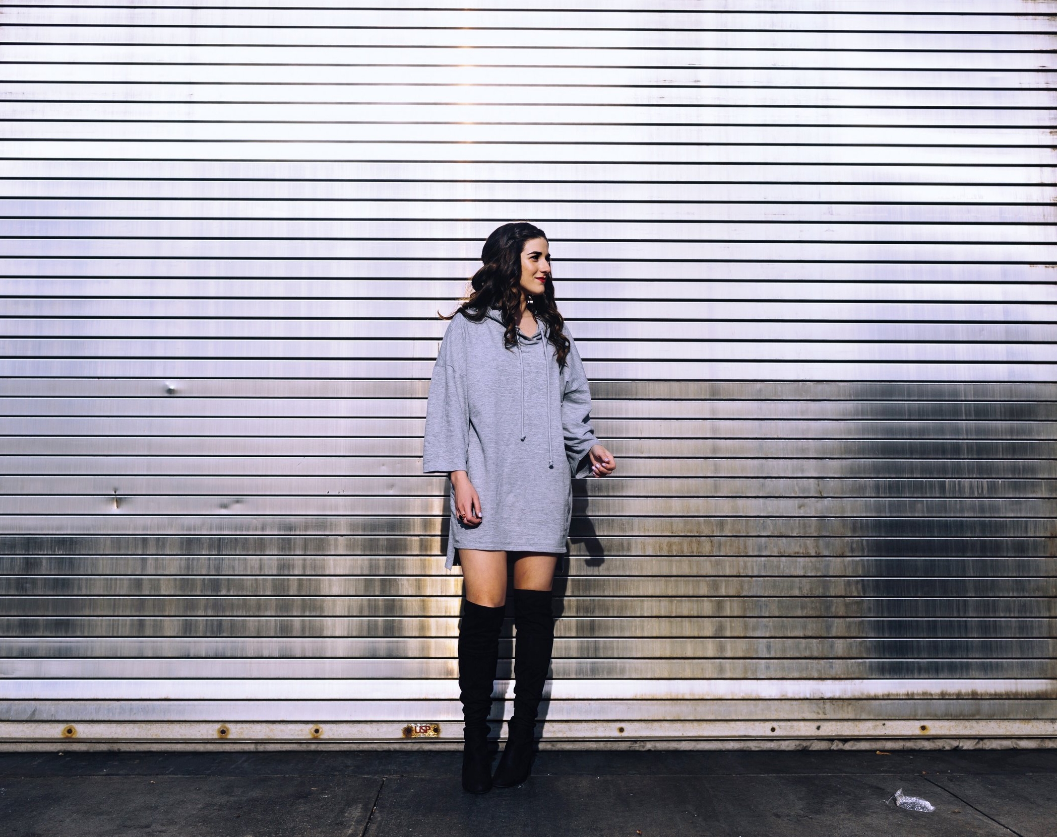 Grey Sweatshirt Dress OTK Boots The Pros and Cons of Blogging Esther Santer Fashion Blog Louboutins & Love NYC Street Style Blogger Outfit OOTD Trendy Edgy Feminine Hair Girl Women Minimal Simple Casual Look Zara Over The Knee Boots Shoes Buy Shopping.JPG