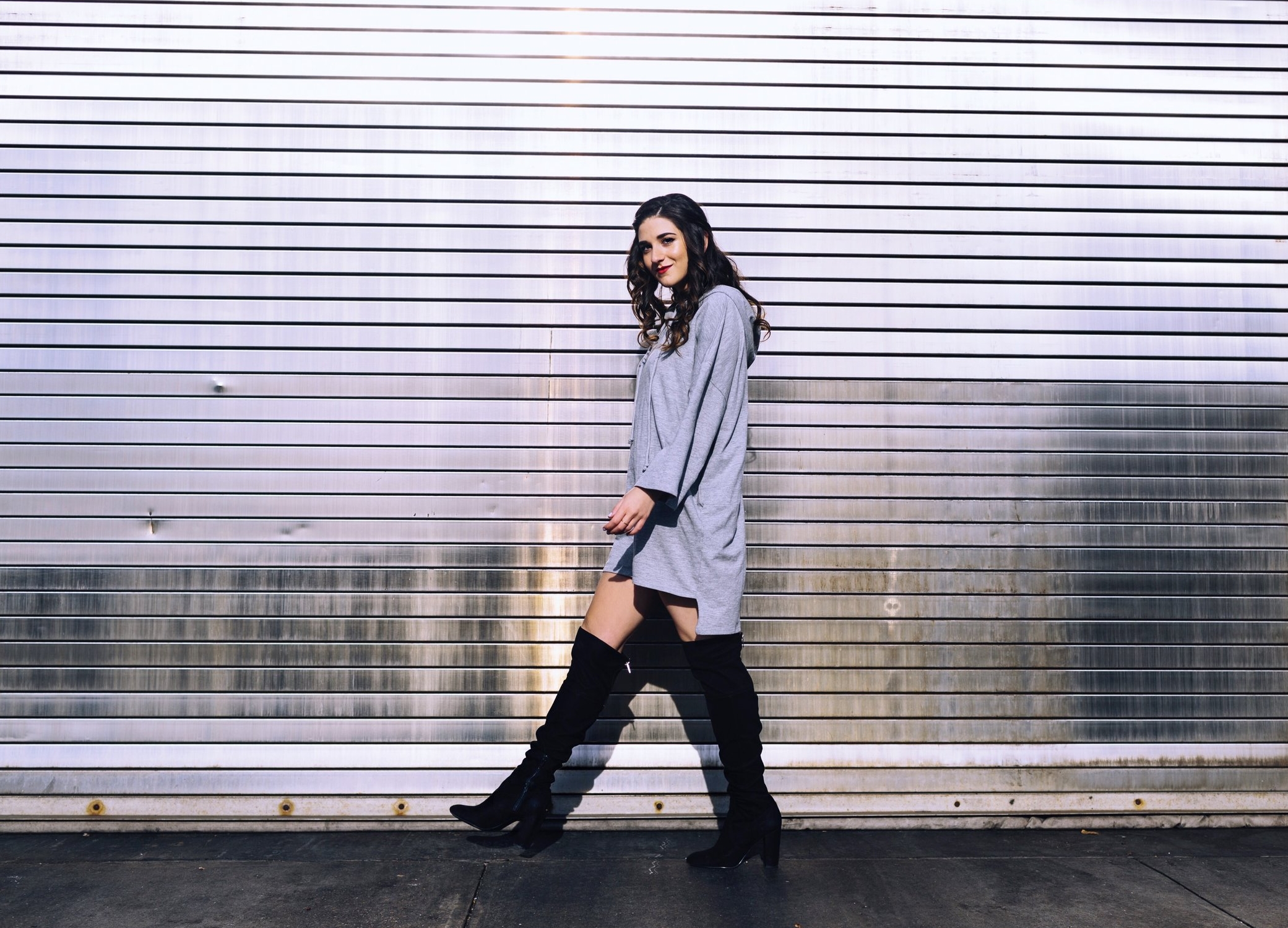 Grey Sweatshirt Dress OTK Boots The Pros and Cons of Blogging Esther Santer Fashion Blog Louboutins & Love NYC Street Style Blogger Outfit OOTD Trendy Edgy Feminine Hair Girl Women Simple Minimal Casual Look Over The Knee Boots Shoes Buy Shopping Zara.JPG