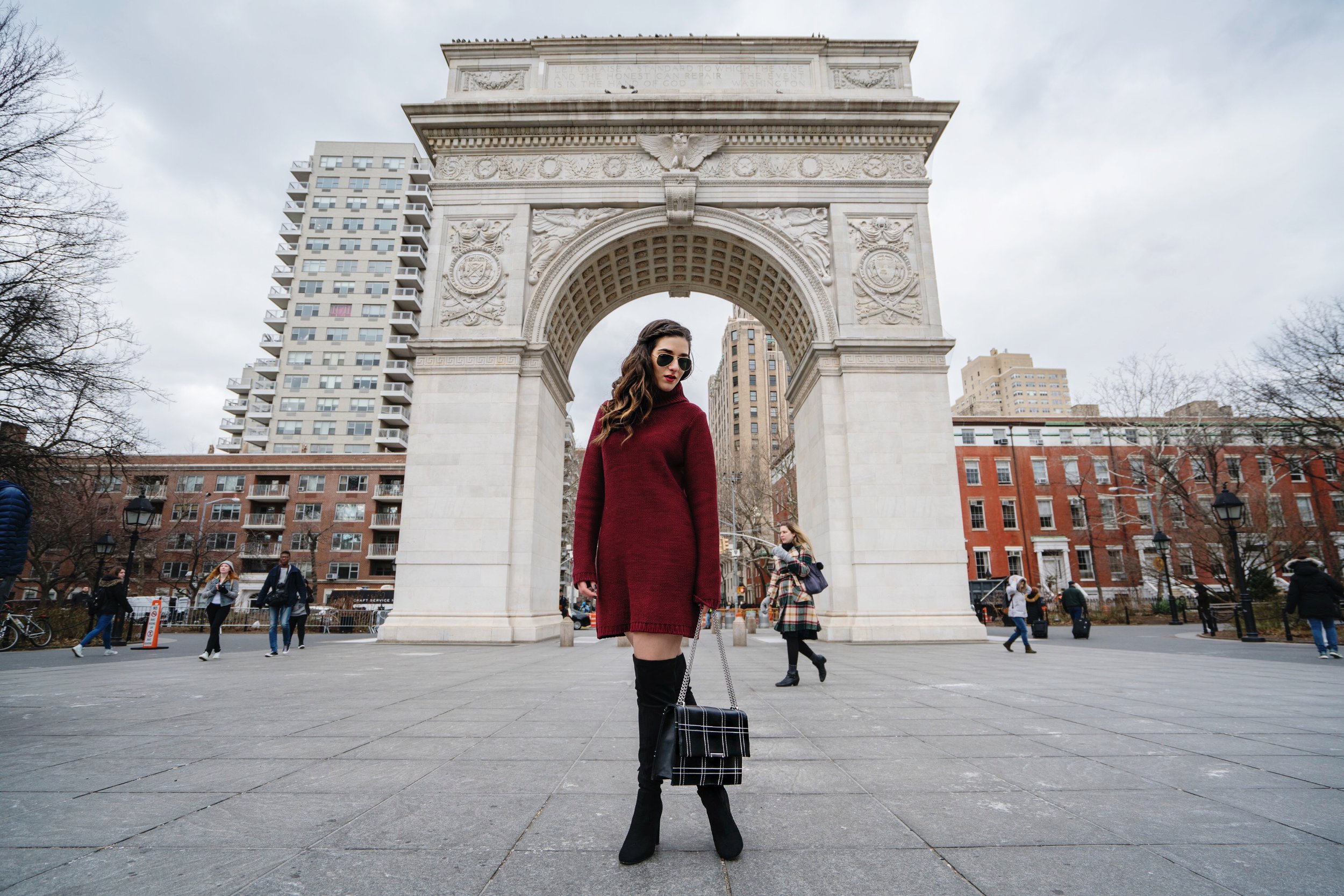 Maroon Sweater Dress OTK Boots My Biggest Blogging Mistake Esther Santer Fashion Blog NYC Street Style Blogger Outfit OOTD Trendy Red Girl Women Sunglasses RayBan Aviators Shopping Wearing Zara Casual Bag Grid Purse Inspo Photoshoot New York City Hair.JPG