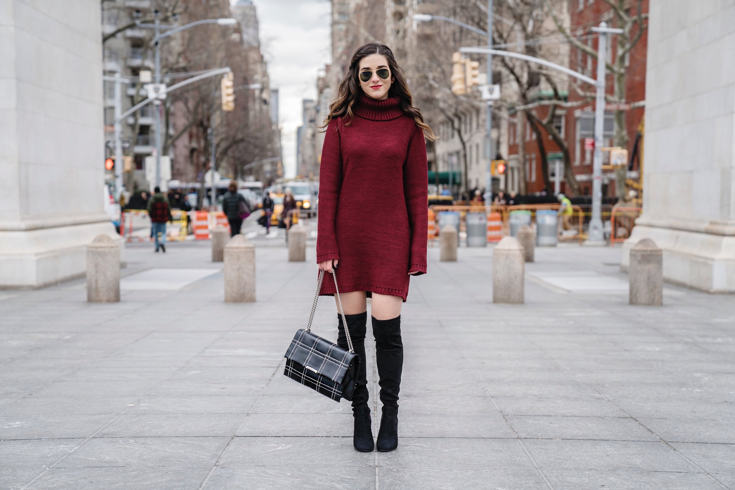 Maroon Sweater Dress OTK Boots My Biggest Blogging Mistake Esther Santer Fashion Blog NYC Street Style Blogger Outfit OOTD Trendy Red Girl Women Sunglasses RayBan Aviators Shopping Wearing Zara Casual Hair Bag Grid Purse Photoshoot New York City Inspo.JPG