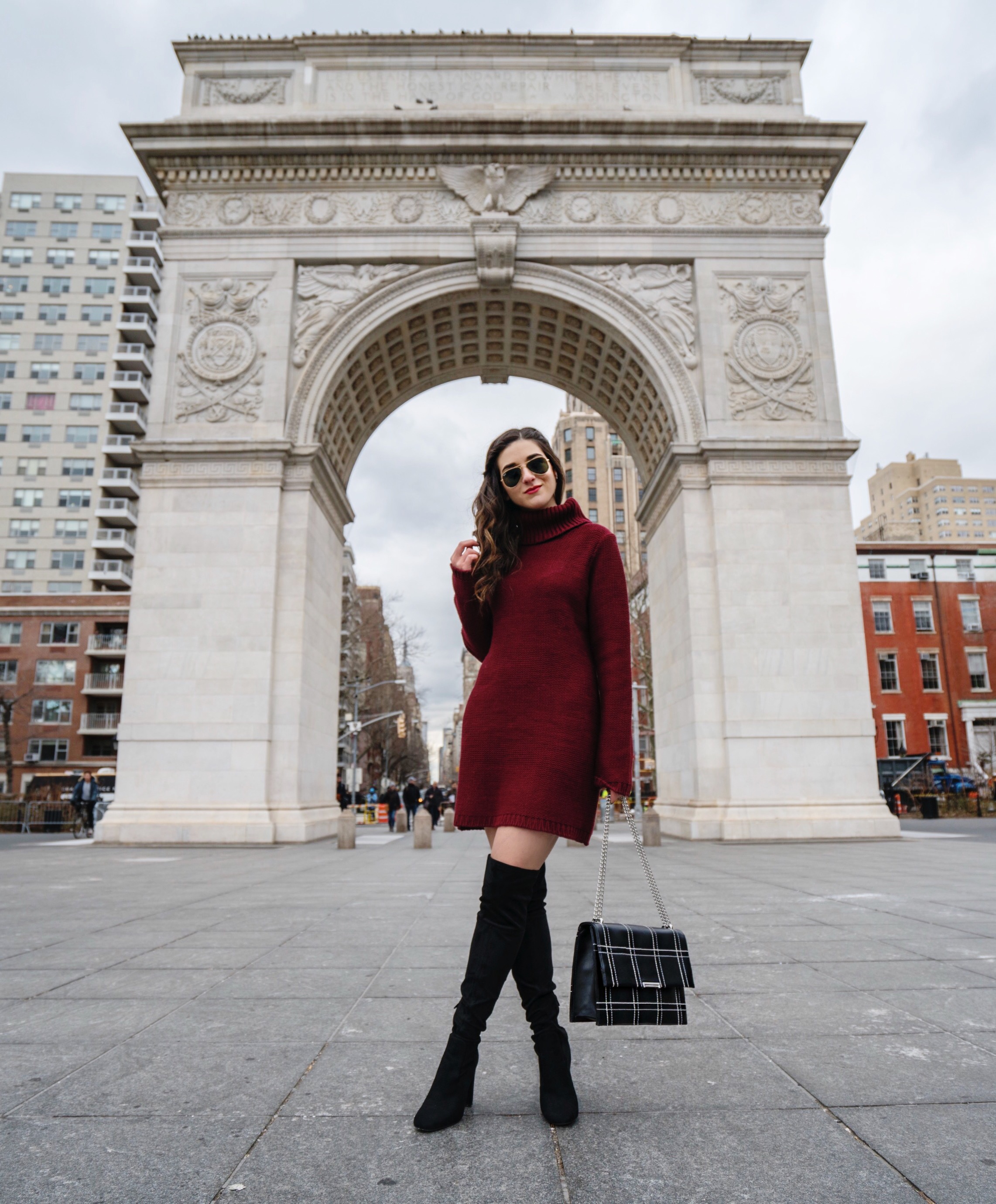 Maroon Sweater Dress OTK Boots My Biggest Blogging Mistake Esther Santer Fashion Blog NYC Street Style Blogger Outfit OOTD Trendy Red Girl Women Sunglasses RayBan Aviators Wearing Shopping Zara Casual Inspo New York City Photoshoot Grid Bag Purse Hair.JPG