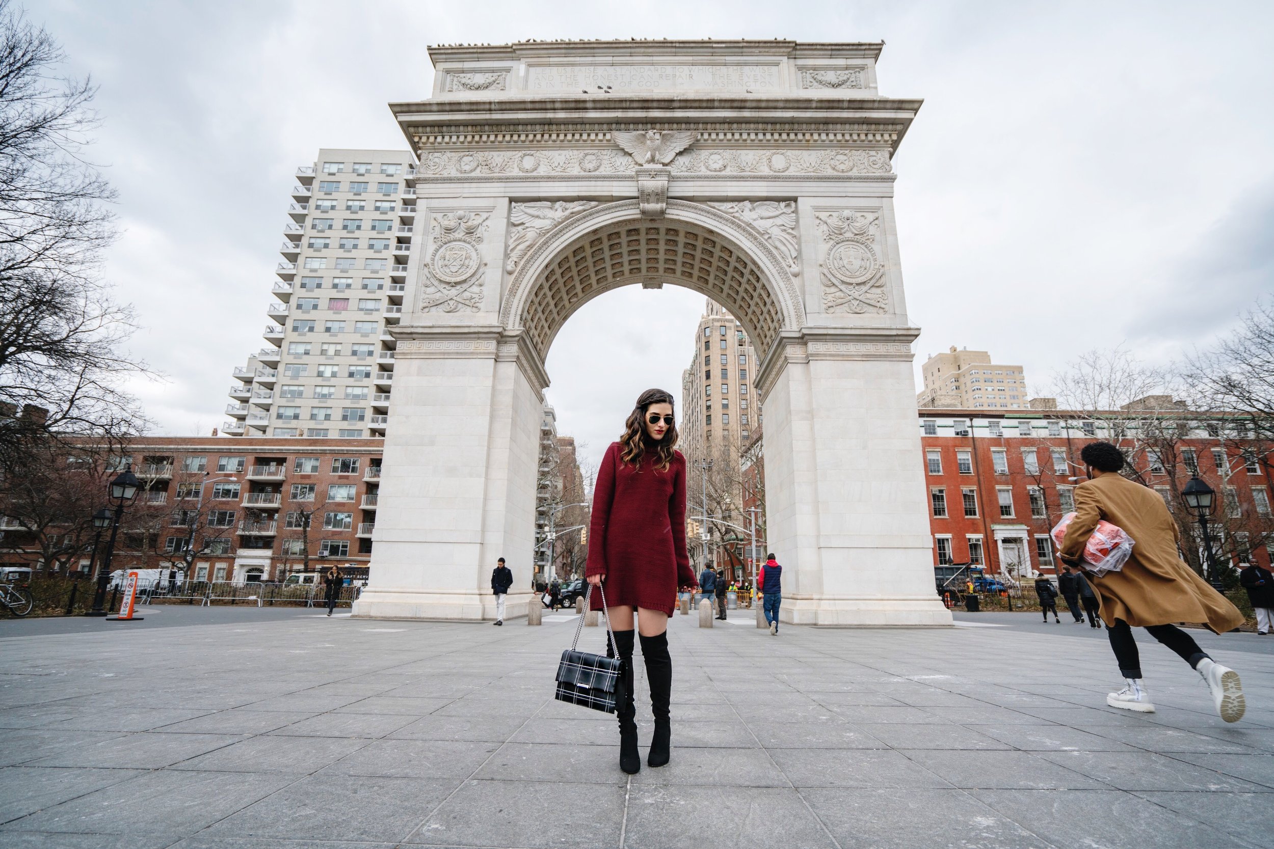 Maroon Sweater Dress OTK Boots My Biggest Blogging Mistake Esther Santer Fashion Blog NYC Street Style Blogger Outfit OOTD Trendy Red Girl Women Sunglasses RayBan Aviators Wearing Shopping Zara Casual Inspo Photoshoot New York City Grid Bag Purse Hair.JPG