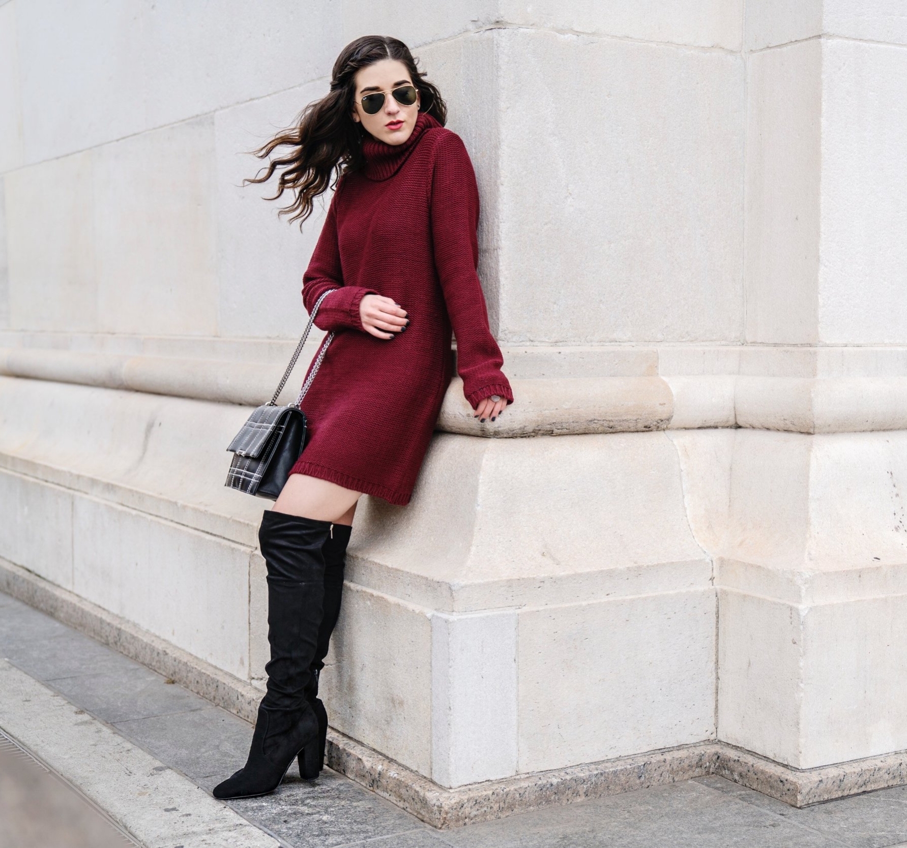 Maroon Sweater Dress OTK Boots My Biggest Blogging Mistake Esther Santer Fashion Blog NYC Street Style Blogger Outfit OOTD Trendy Red Girl Women Sunglasses RayBan Aviators Shopping Wearing Zara Casual Bag Grid Purse Photoshoot New York City Hair Inspo.JPG