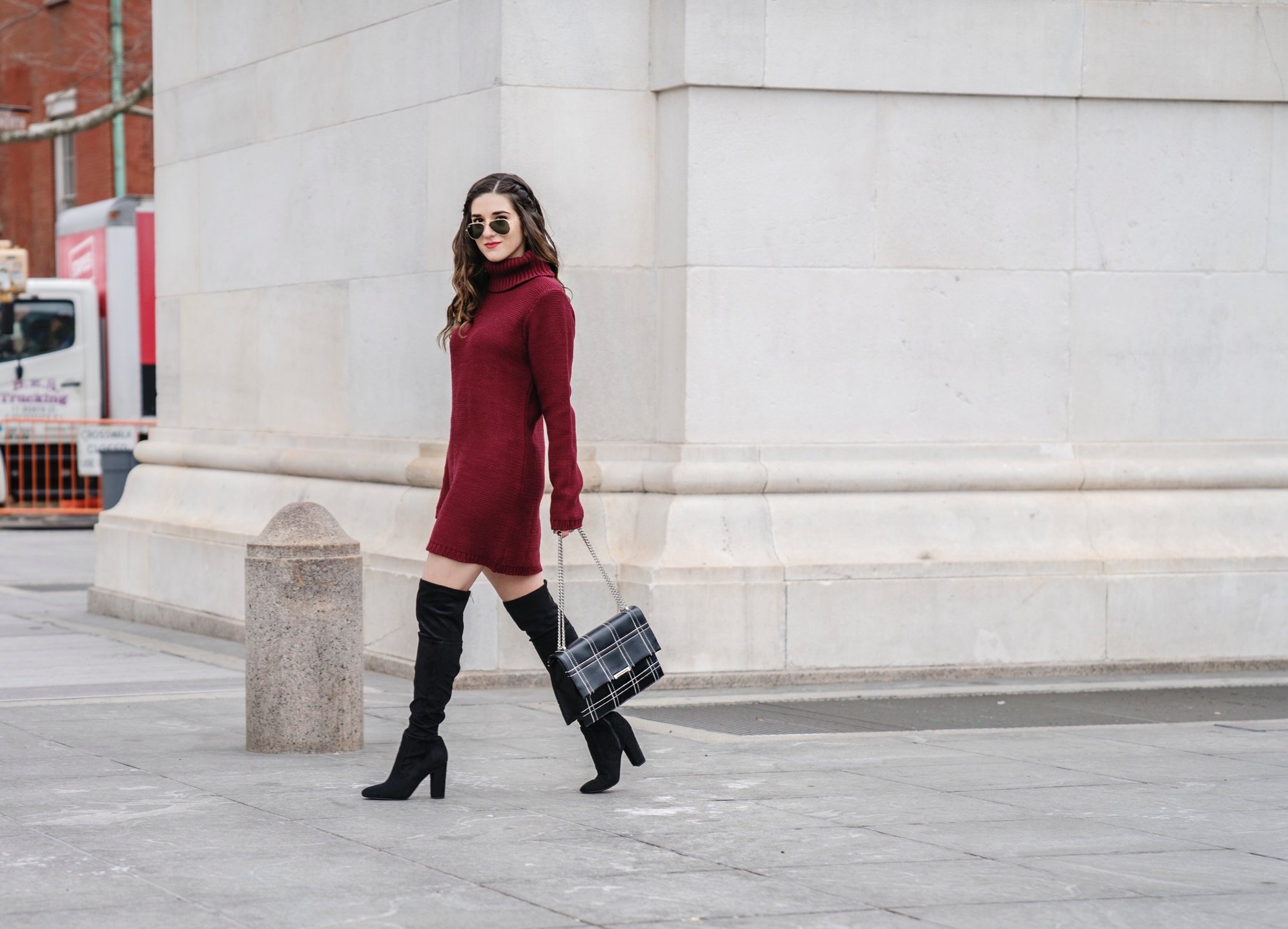 Maroon Sweater Dress OTK Boots My Biggest Blogging Mistake Esther Santer Fashion Blog NYC Street Style Blogger Outfit OOTD Trendy Red Girl Women Sunglasses RayBan Aviators Shopping Wearing Zara Casual Bag Grid Purse Photoshoot New York City Inspo Hair.JPG