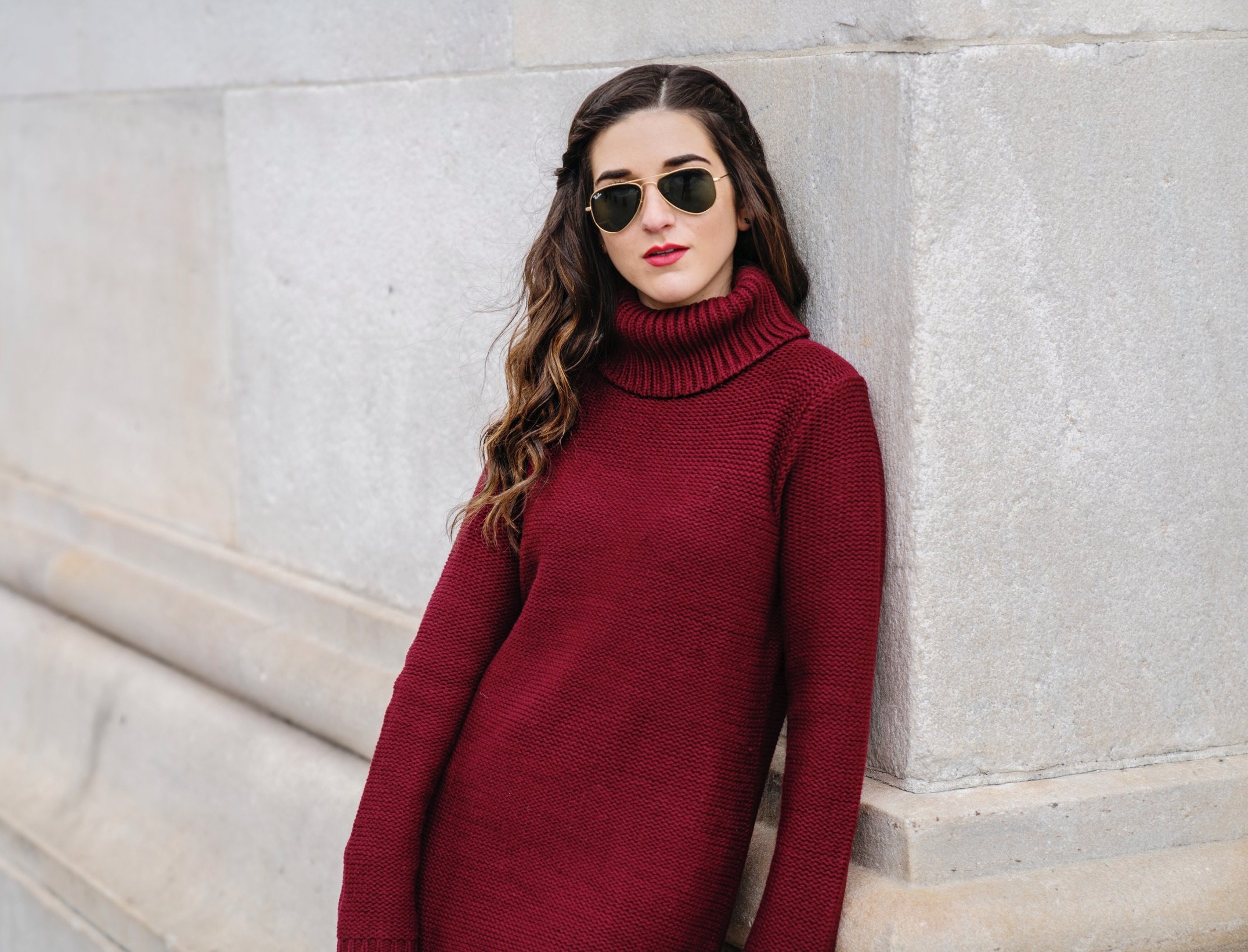 Maroon Sweater Dress OTK Boots My Biggest Blogging Mistake Esther Santer Fashion Blog NYC Street Style Blogger Outfit OOTD Trendy Red Girl Women Sunglasses RayBan Aviators Shopping Wearing Zara Casual Hair Bag Grid Purse Inspo Photoshoot New York City.JPG