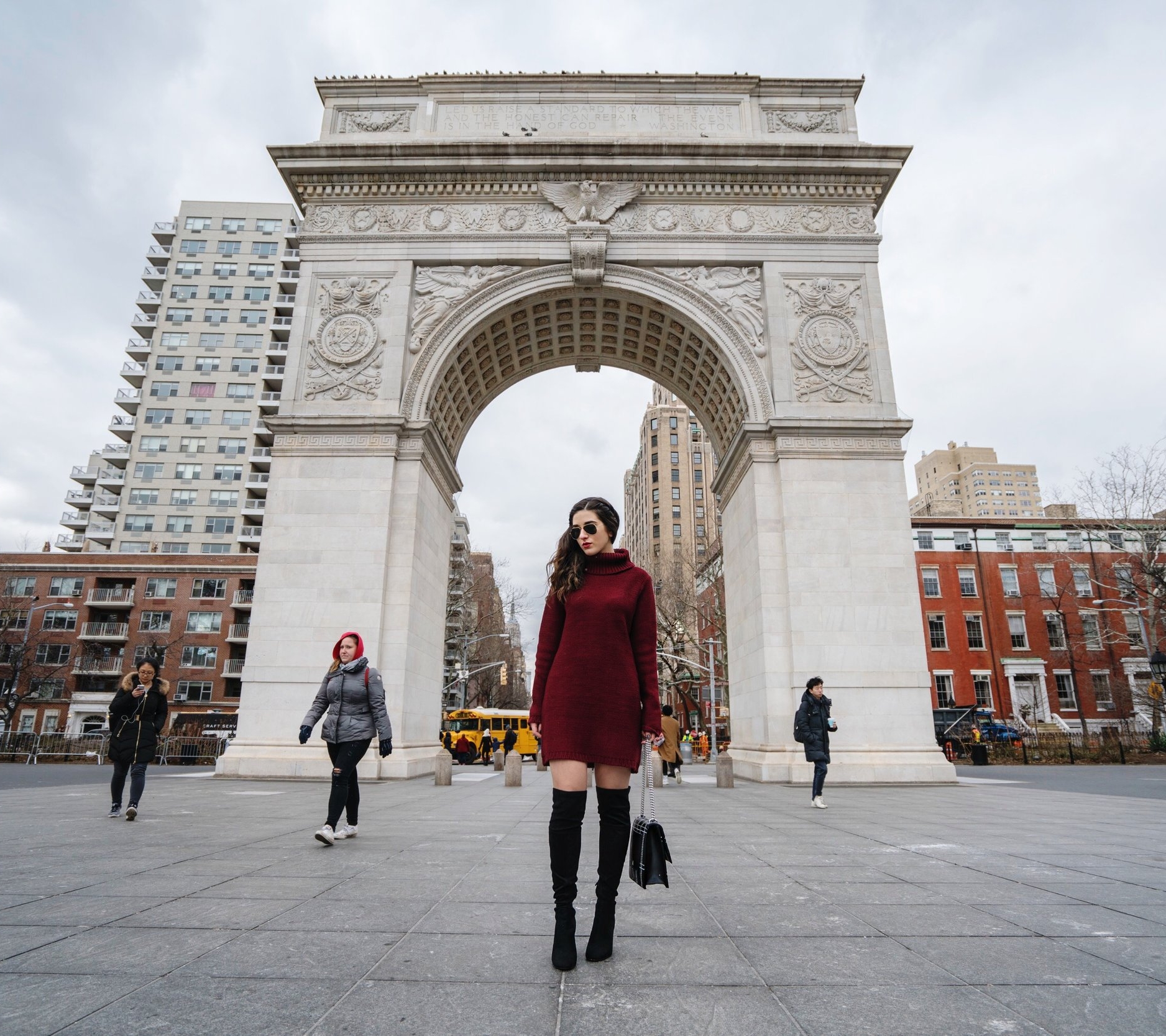 Maroon Sweater Dress OTK Boots My Biggest Blogging Mistake Esther Santer Fashion Blog NYC Street Style Blogger Outfit OOTD Trendy Red Girl Women Sunglasses RayBan Aviators Shopping Wearing Zara Casual Inspo Bag Grid Purse Photoshoot New York City Hair.JPG