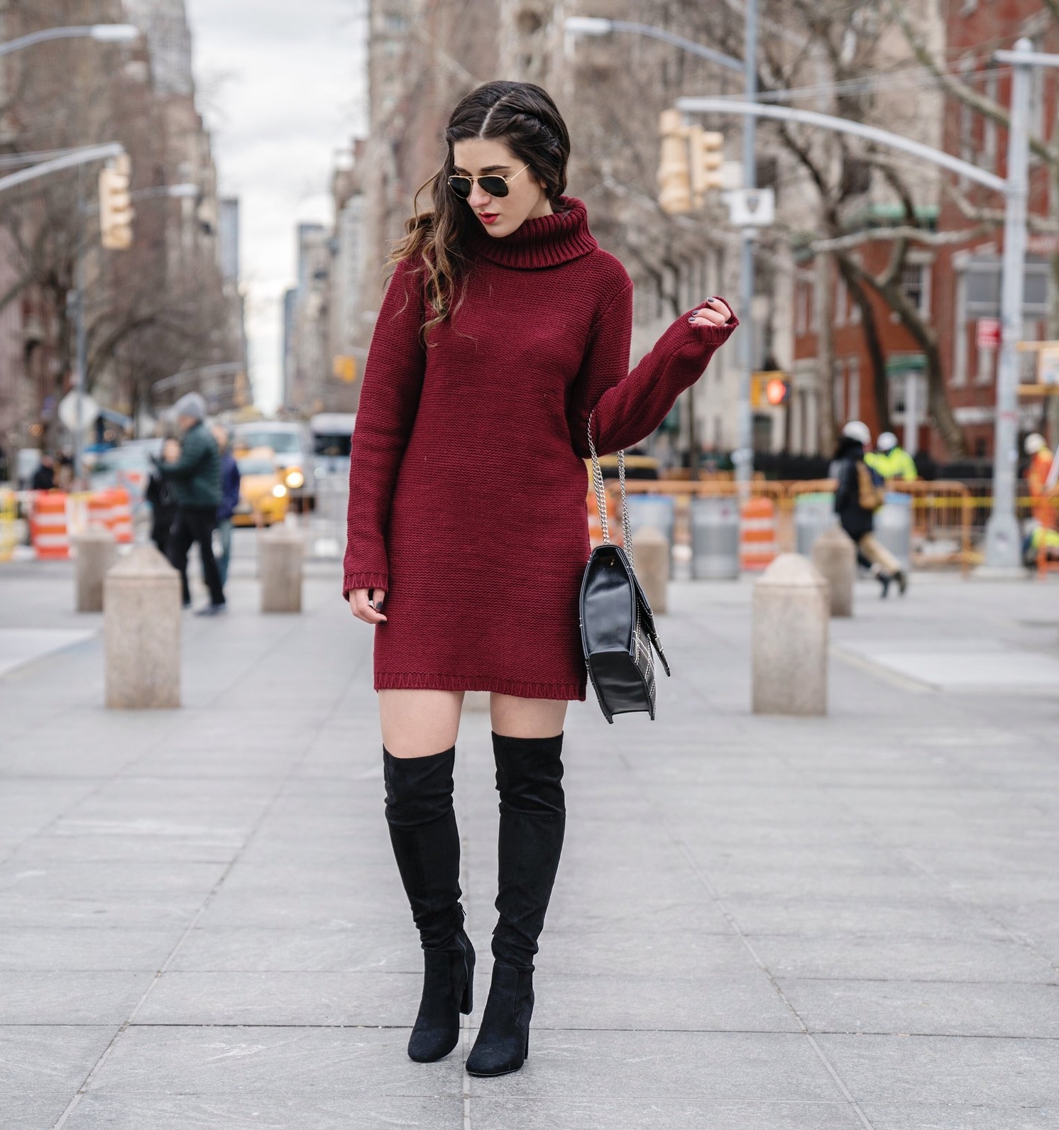 Maroon Sweater Dress OTK Boots My Biggest Blogging Mistake Esther Santer Fashion Blog NYC Street Style Blogger Outfit OOTD Trendy Red Girl Women Sunglasses RayBan Aviators Wearing Shopping Zara Casual Inspo Photoshoot New York City Bag Grid Purse Hair.JPG