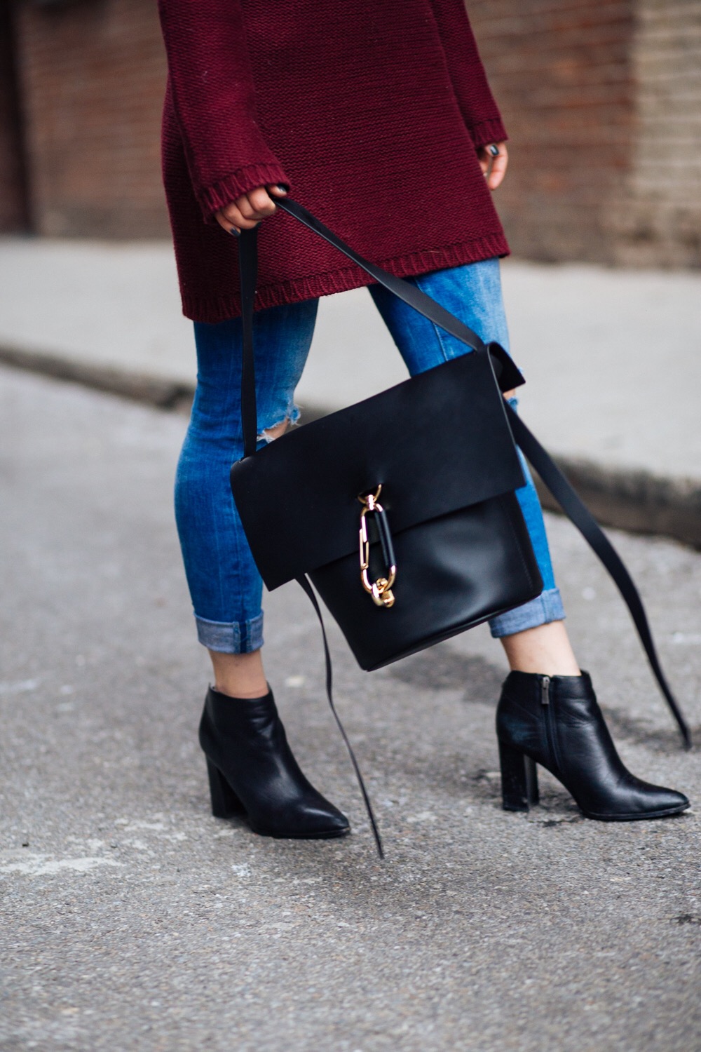 Maroon Sweater Dress Zac Posen Belay Bag 5 Tips On Balancing Work Blog And Social Life Esther Santer Fashion Blog NYC Street Style Blogger Outfit OOTD Trendy Girl Women Photoshoot Ripped Denim  Jeans  Booties Hair Inspo Handbag Purse Shoes  Turtleneck.JPG