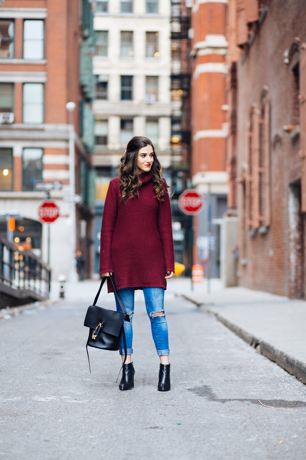 Maroon Sweater Dress Zac Posen Belay Bag 5 Tips On Balancing Work Blog And Social Life Esther Santer Fashion Blog NYC Street Style Blogger Outfit OOTD Trendy Girl Women Photoshoot Ripped Denim Jeans  Booties Hair Inspo Handbag  Purse Shoes  Turtleneck.JPG