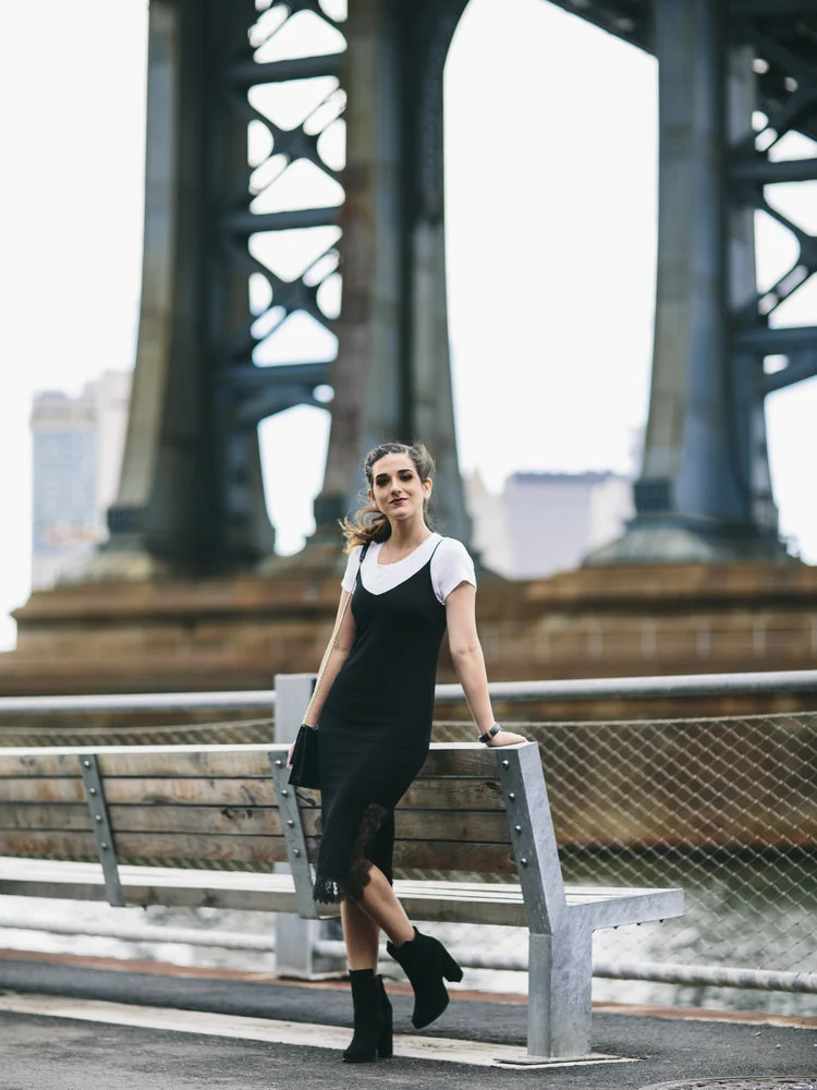 Black Lace Slip Dress Over White Tee