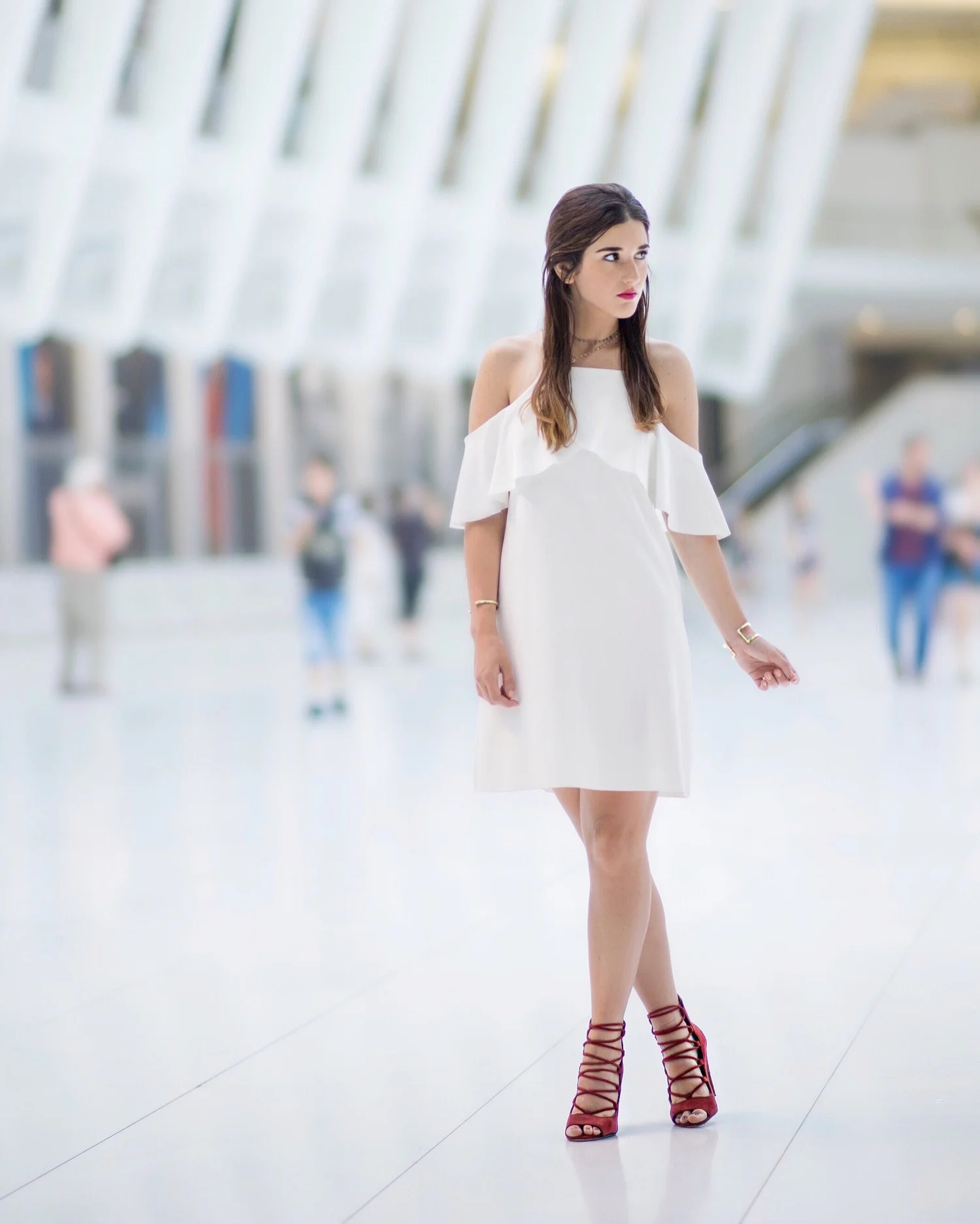 Cold Shoulder White Dress + Red Heels  Esther Santer
