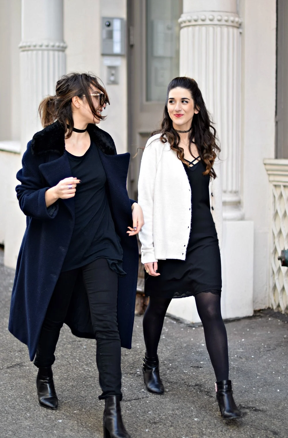 black dress with white sweater