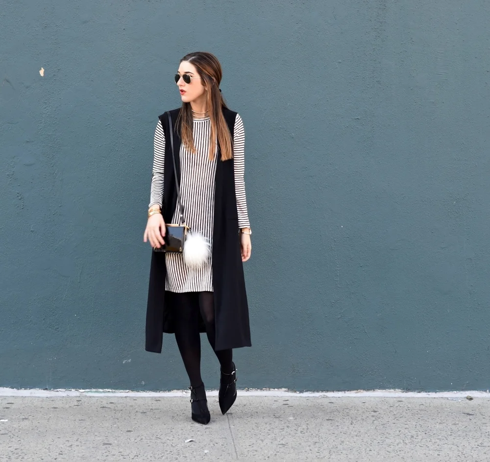 Black & White Striped Shirt Dress + Long Vest