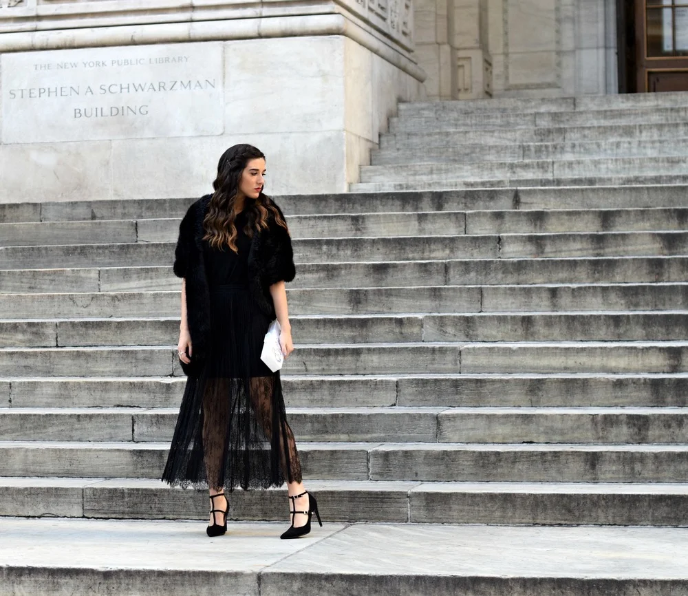 All Black // Lace Skirt + Fur Stole