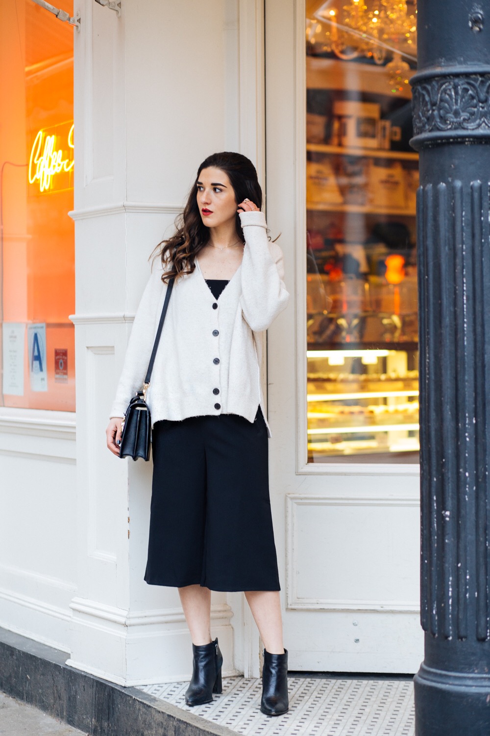 Cardigan Black Jumpsuit And Boots Spaghetti Strap Wide Leg