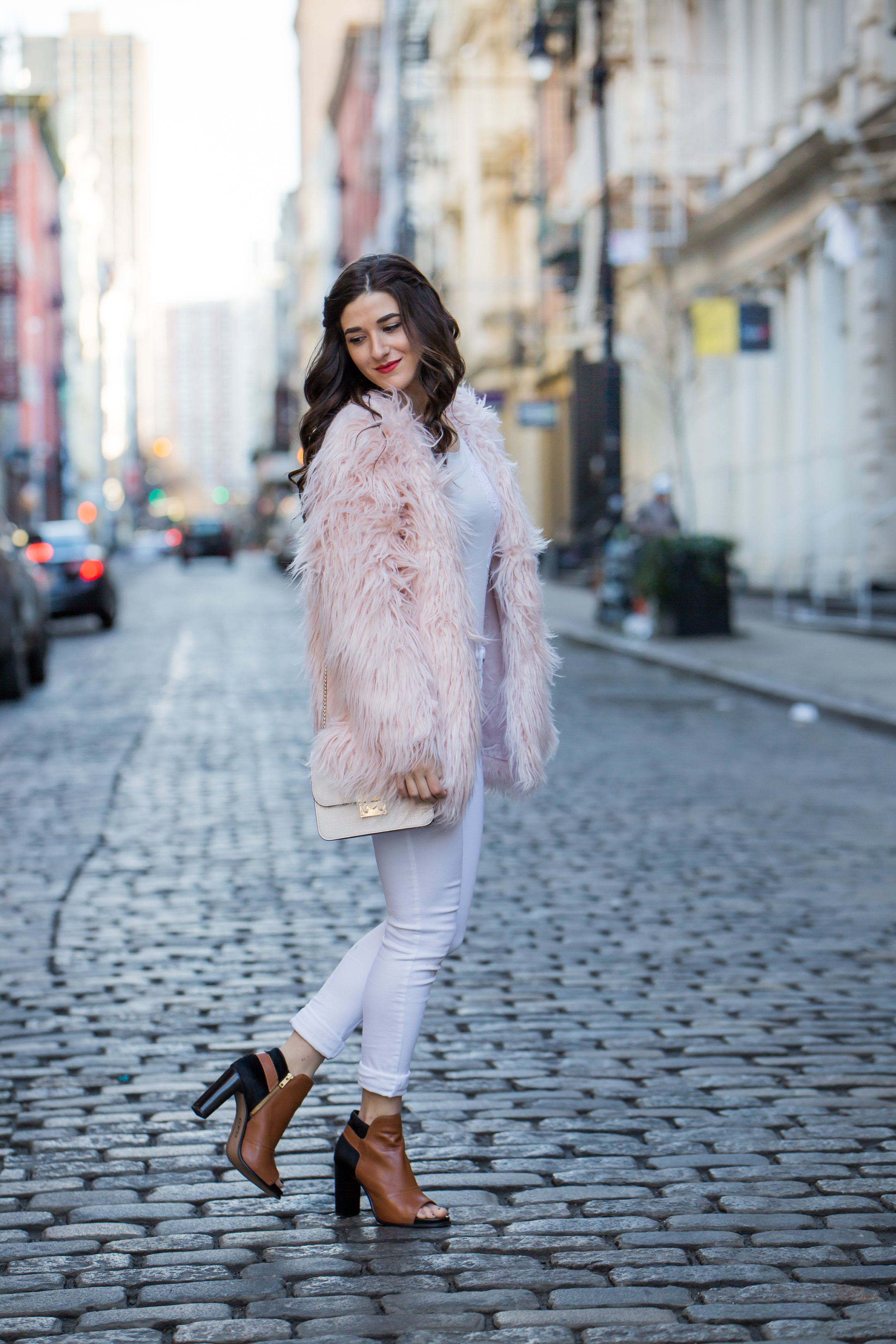 Pink Faux Fur Jacket White Jeans The Best Career Advice Esther Santer Fashion Blog NYC Street Style Blogger Outfit OOTD Trendy Winter Whites Henri Bendel Bag Tan Booties Girl Women Shop Sale Hair Shoes What To Wear Wearing Model Accessories Photoshoot.jpg