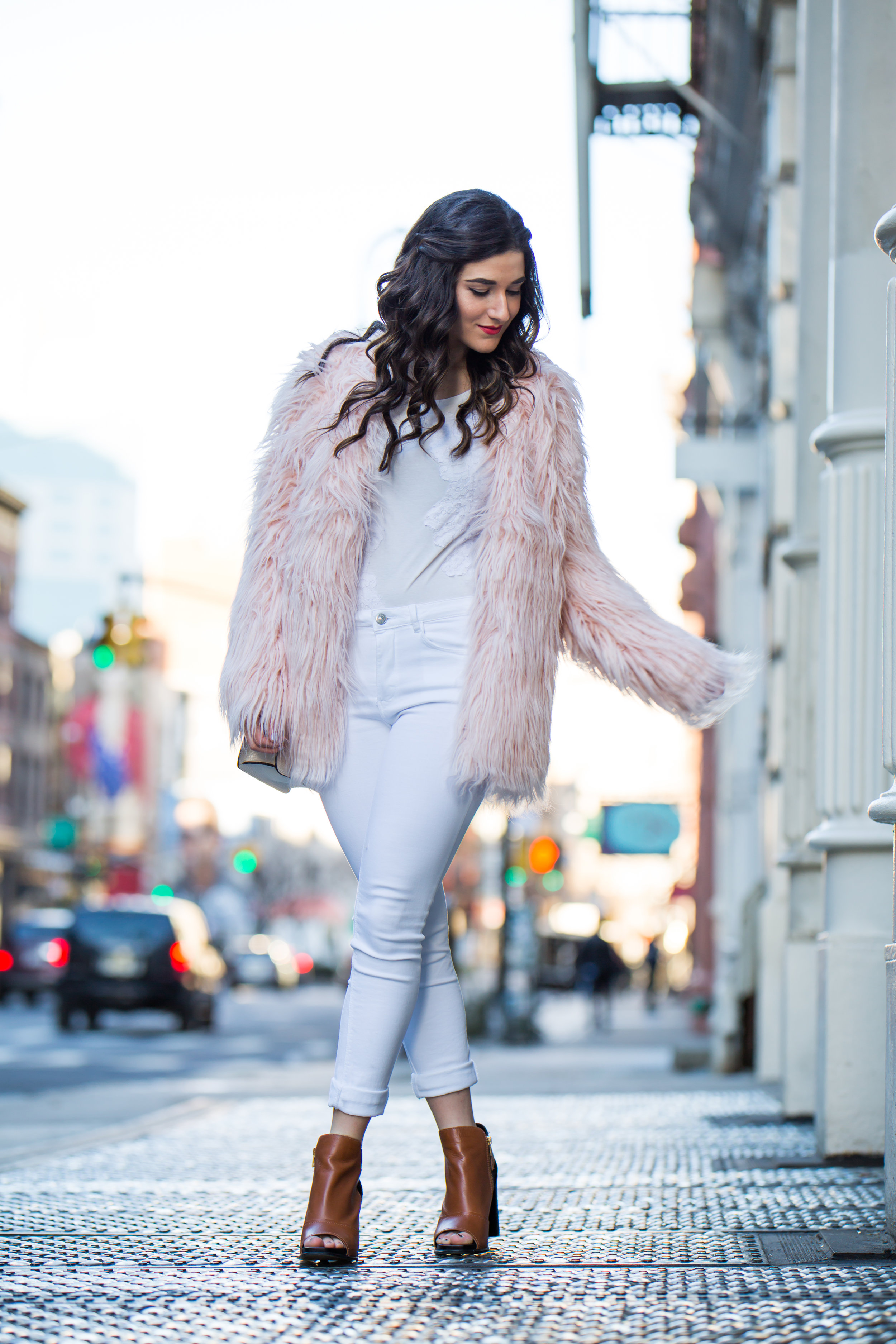 Pink Faux Fur Jacket White Jeans The Best Career Advice Esther Santer Fashion Blog NYC Street Style Blogger Outfit OOTD Trendy Winter Whites Henri Bendel Bag Tan Booties Girl Women Shop Sale Hair Shoes What To Wear Wearing Model Photoshoot Accessories.jpg