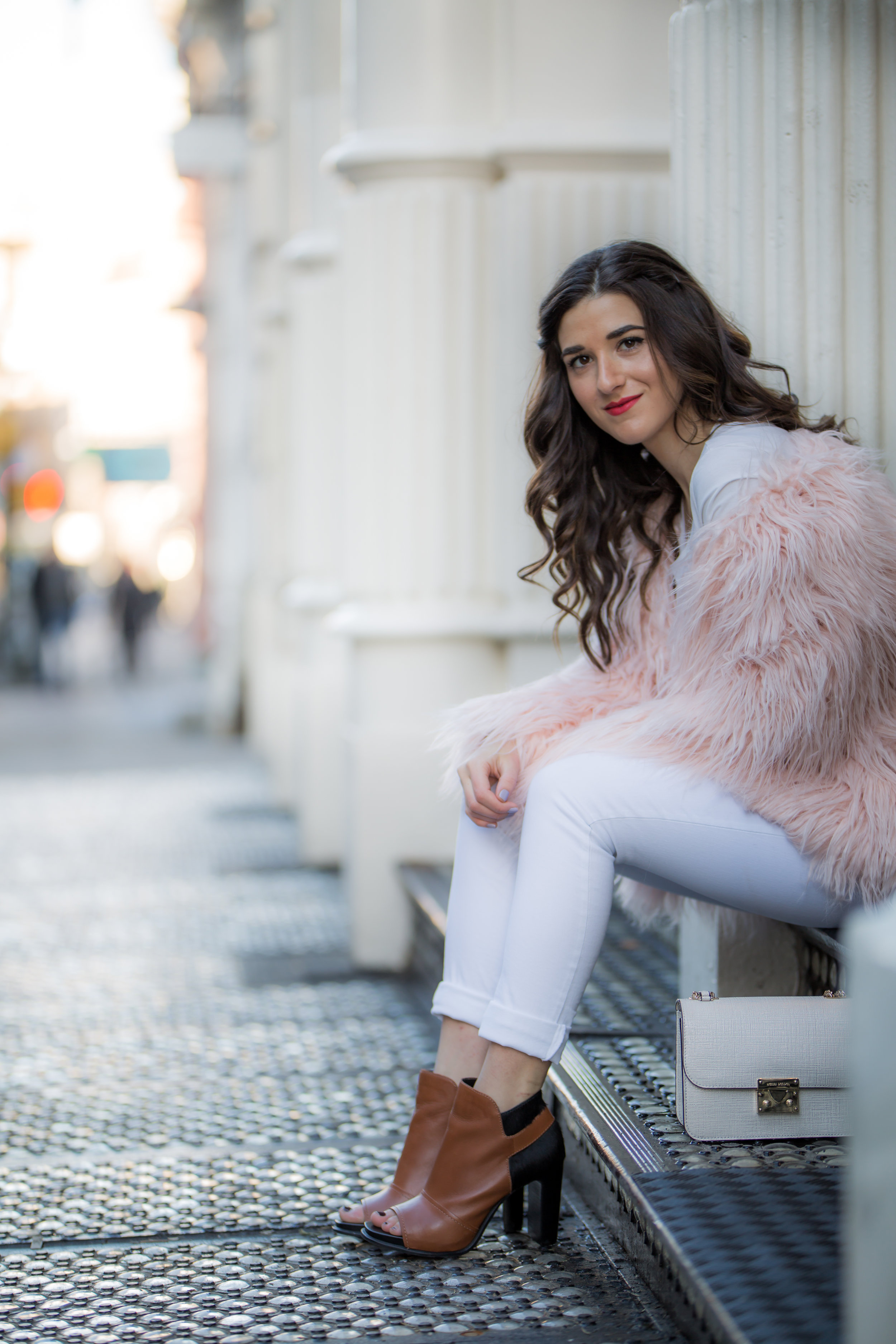 Pink Faux Fur Jacket White Jeans The Best Career Advice Esther Santer Fashion Blog NYC Street Style Blogger Outfit OOTD Trendy Winter Whites Henri Bendel Bag Tan Booties Girl Women Shop Sale Hair Shoes Wearing What To Wear Model Accessories Photoshoot.jpg