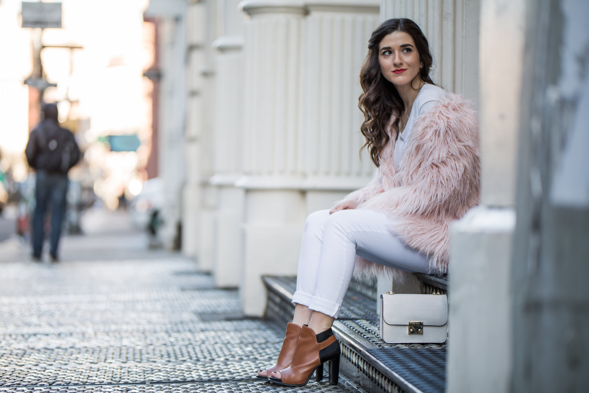 Pink Faux Fur Jacket White Jeans The Best Career Advice Esther Santer Fashion Blog NYC Street Style Blogger Outfit OOTD Trendy Winter Whites Henri Bendel Bag Tan Booties Girl Women Shop Sale Hair Model Shoes What To Wear Wearing Accessories Photoshoot.jpg
