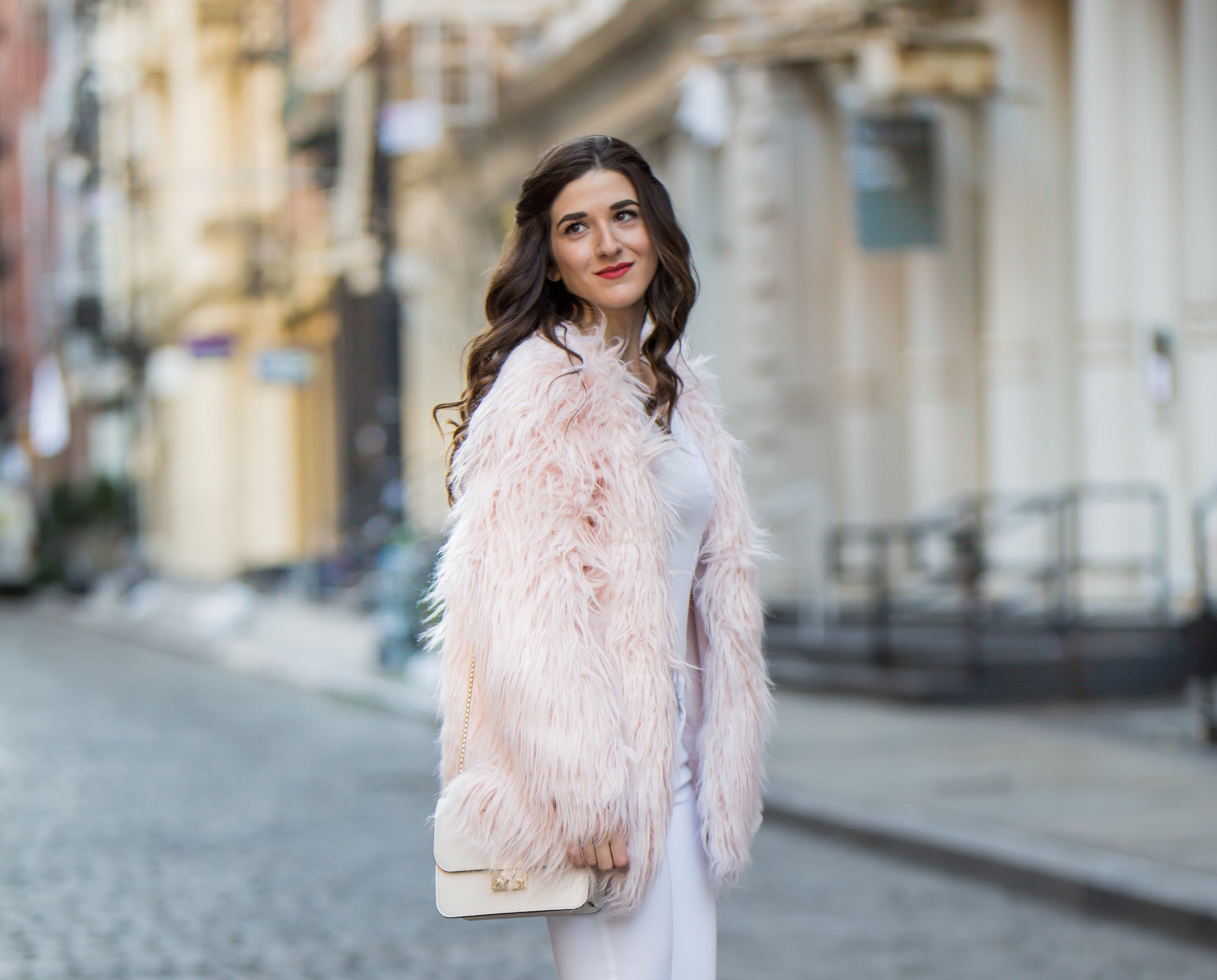 Pink Faux Fur Jacket White Jeans The Best Career Advice Esther Santer Fashion Blog NYC Street Style Blogger Outfit OOTD Trendy Winter Whites Henri Bendel Bag Tan Booties Accessories Girl Women Shop Sale Hair Model Shoes What To Wear Wearing Photoshoot.jpg