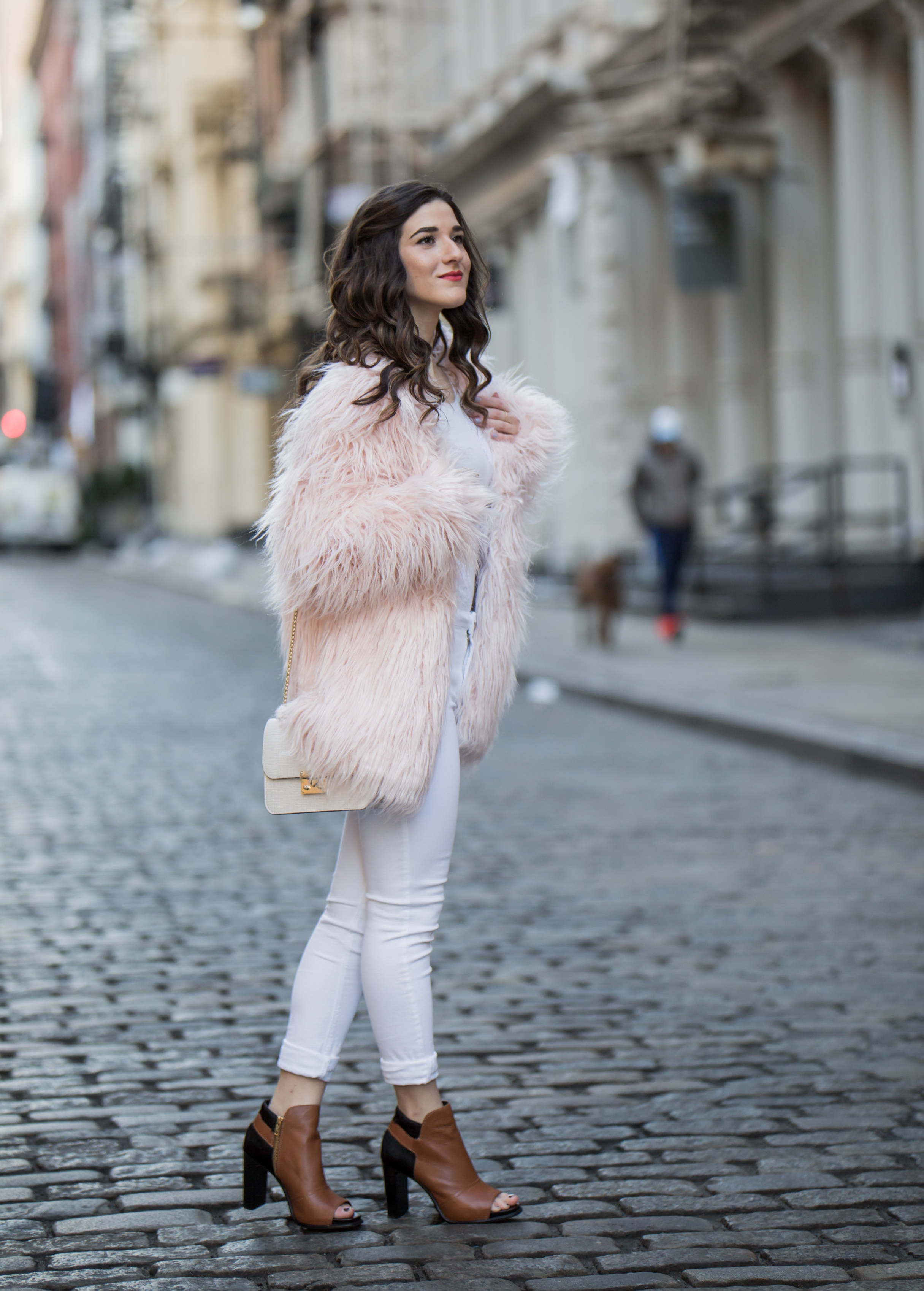 Pink Faux Fur Jacket White Jeans The Best Career Advice Esther Santer Fashion Blog NYC Street Style Blogger Outfit OOTD Trendy Winter Whites Henri Bendel Bag Tan Booties Girl Women Shop Sale Hair Shoes Wearing What To Wear Model Photoshoot Accessories.jpg