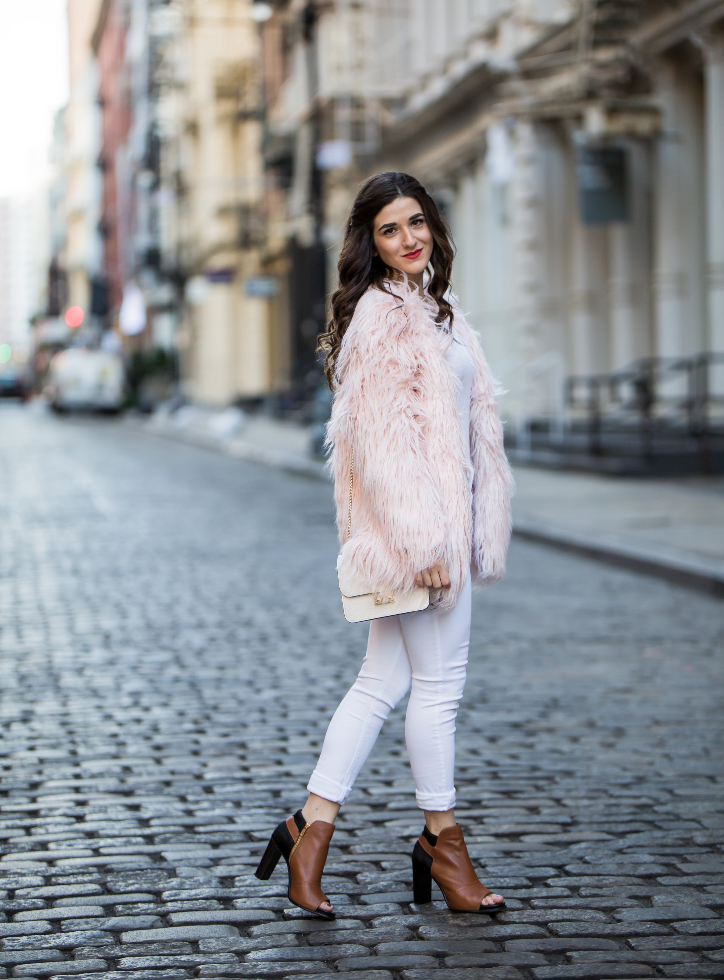 Pink Faux Fur Jacket White Jeans The Best Career Advice Esther Santer Fashion Blog NYC Street Style Blogger Outfit OOTD Trendy Winter Whites Henri Bendel Bag Tan Booties Girl Women Shop Sale Hair What To Wear Wearing Model Photoshoot Shoes Accessories.jpg