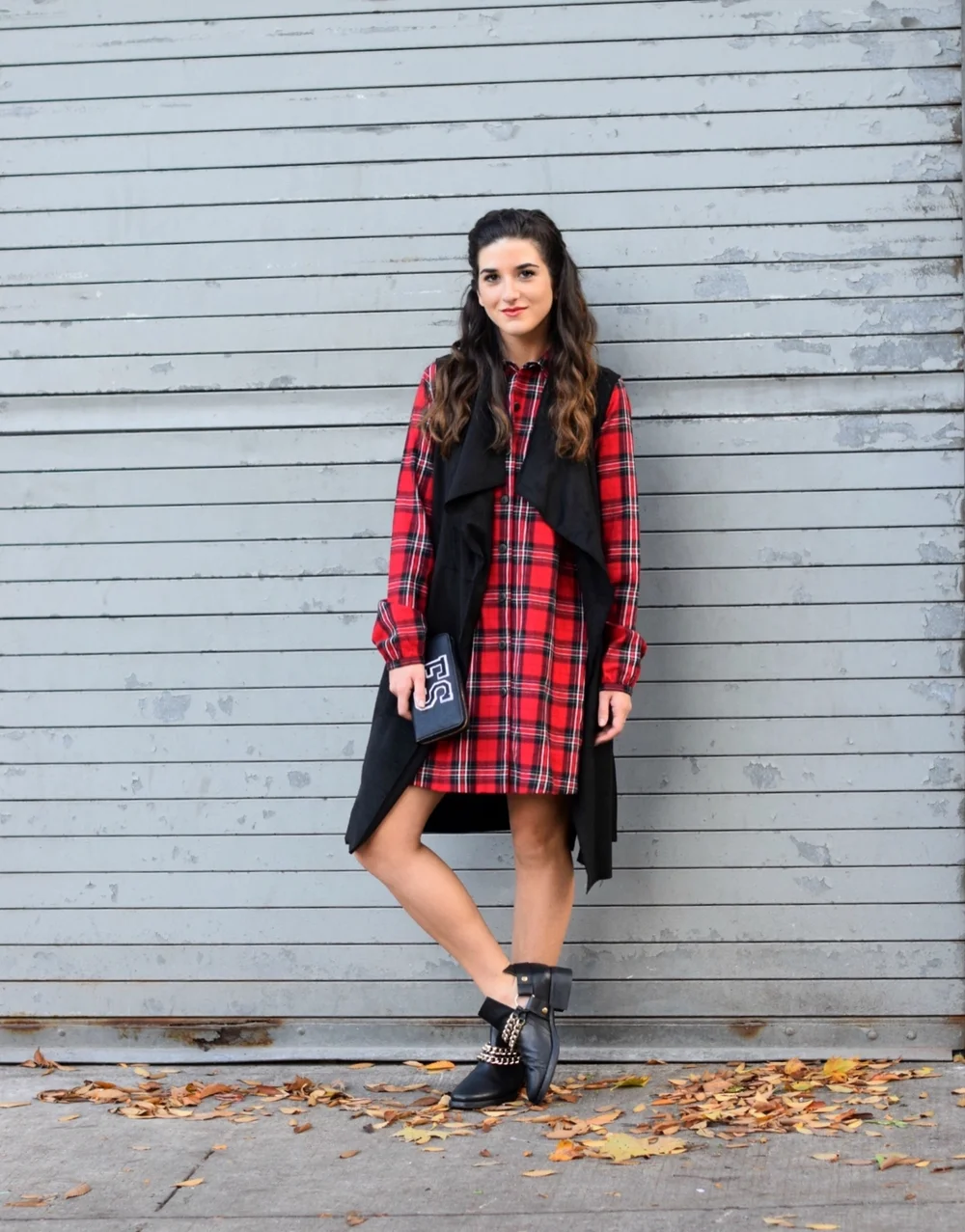 Plaid Dress + Long Black Vest