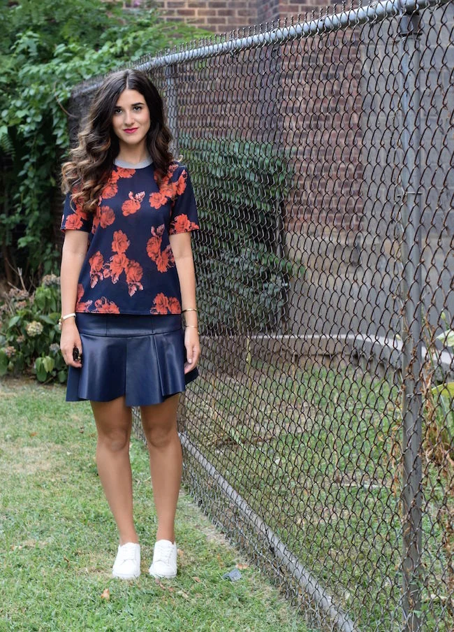 Navy Pleather Skirt + White Sneakers