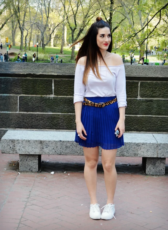 Cobalt Pleated Skirt and Leopard Belt