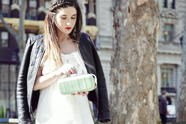 White Bow Dress and Leather Jacket