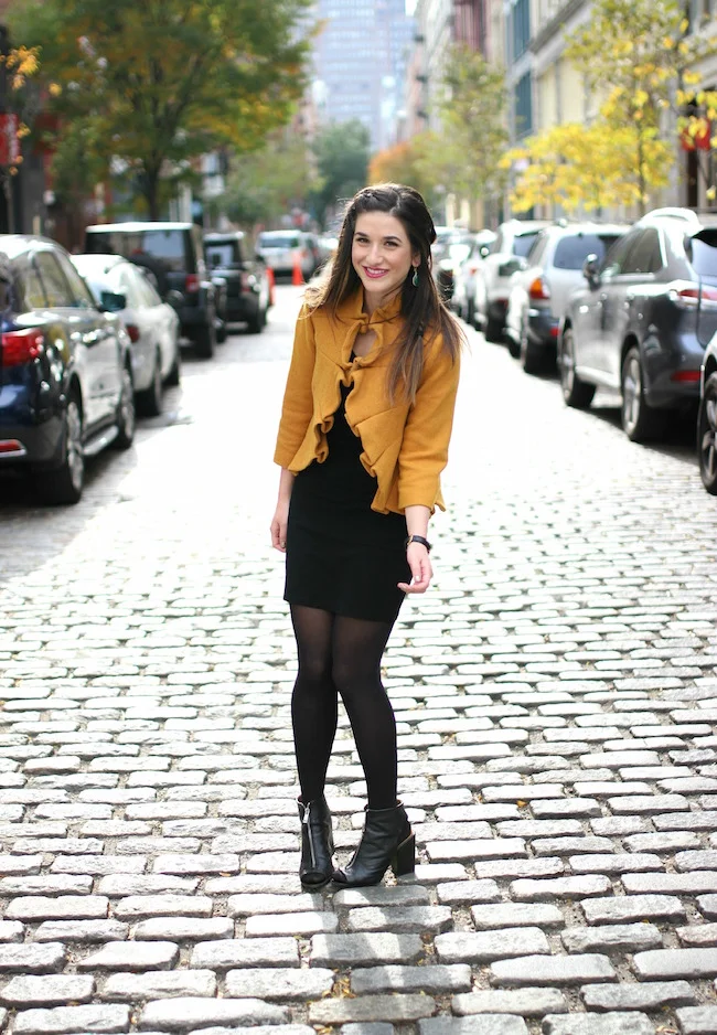 Yellow Ruffled Jacket Over Black Dress Esther Santer Yellow Ruffled Jacket Over Black Dress Esther Santer