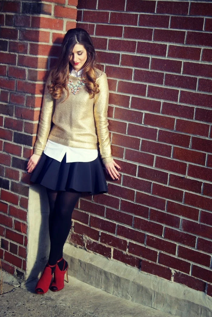 Gold Metallic Sweater and White Button Down