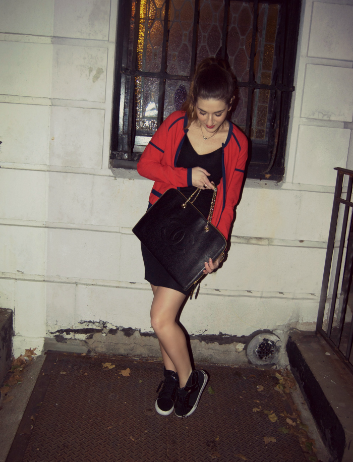 Little Black Chanel Dress And Red Jacket