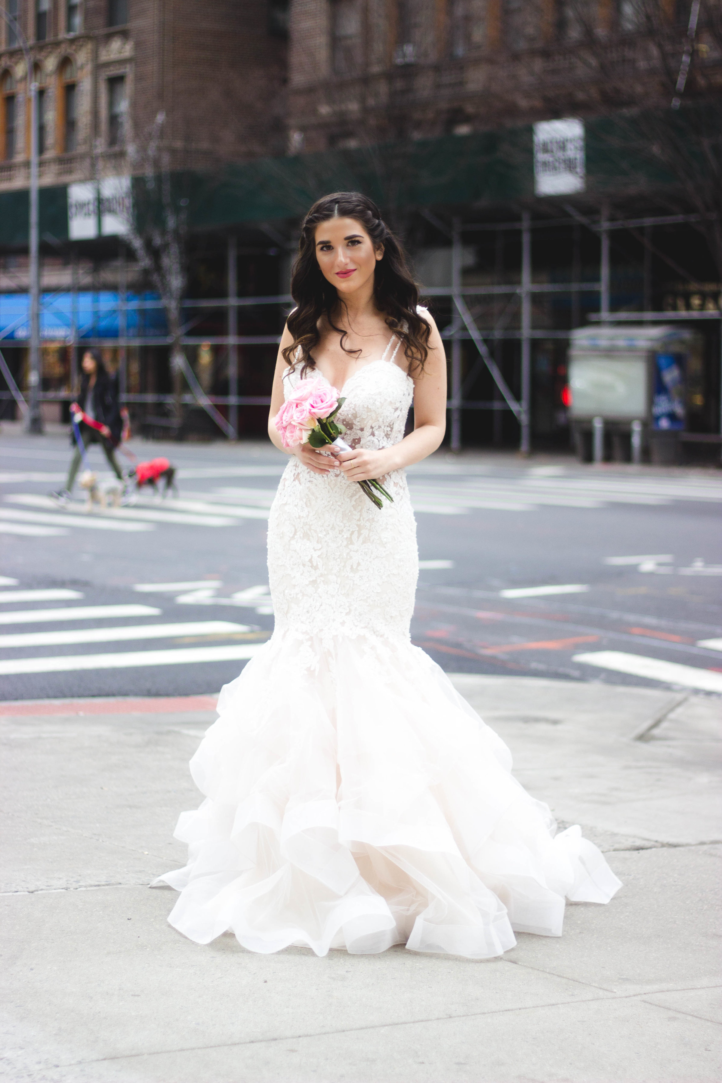 Playing Dress Up With Morilee Bridal Esther Santer Fashion Blog NYC Street Style Blogger Outfit OOTD Trendy Wedding Dress Gown White Dreamy  Modern Timeless Beautiful Train Pink Flowers Bouquet Hair Hairstyle Beauty Makeup Lace Mermaid Trumpet Flare.jpg