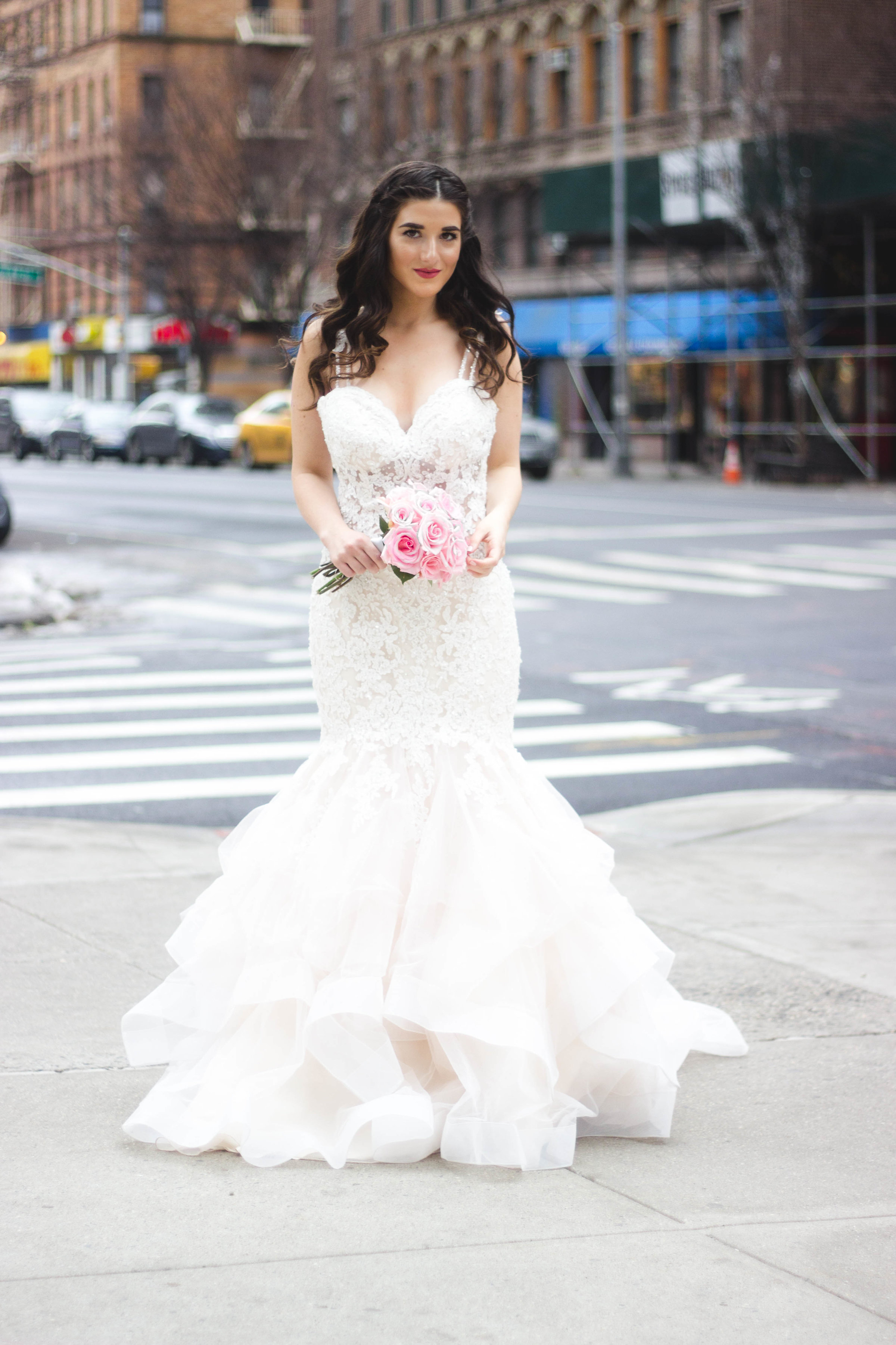 Playing Dress Up With Morilee Bridal Esther Santer Fashion Blog NYC Street Style Blogger Outfit OOTD Trendy Wedding Dress Gown White Dreamy Modern Timeless Beautiful Train Pink Flowers Bouquet Hair Hairstyle Beauty  Makeup Lace Mermaid Trumpet Flare.jpg