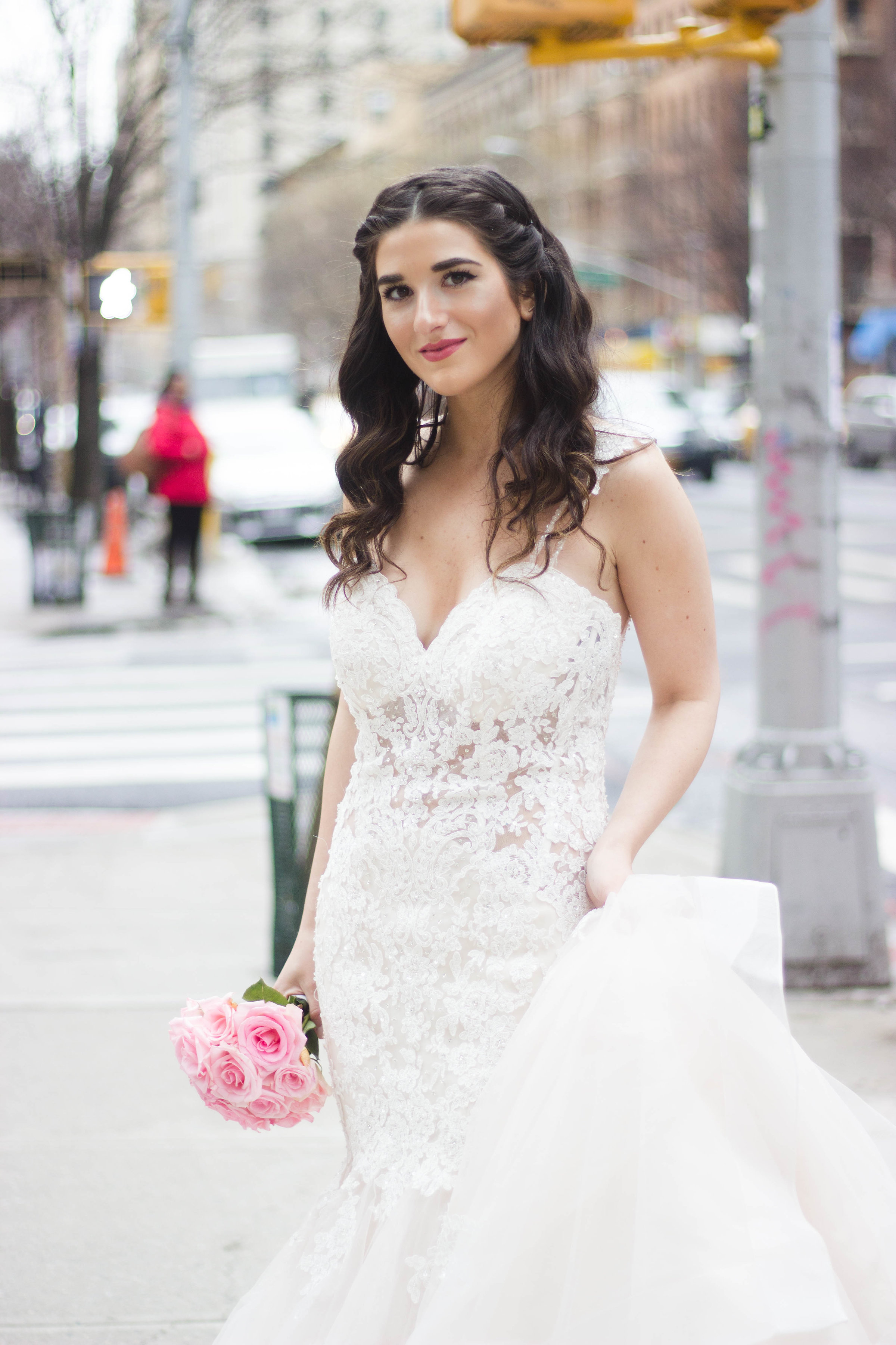 Playing Dress Up With Morilee Bridal Esther Santer Fashion Blog NYC Street Style Blogger Outfit OOTD Trendy Wedding Dress Gown White Dreamy Modern Timeless Beautiful Train Pink Flowers Bouquet Hair Hairstyle Beauty Makeup Lace Mermaid Trumpet Flare.jpg