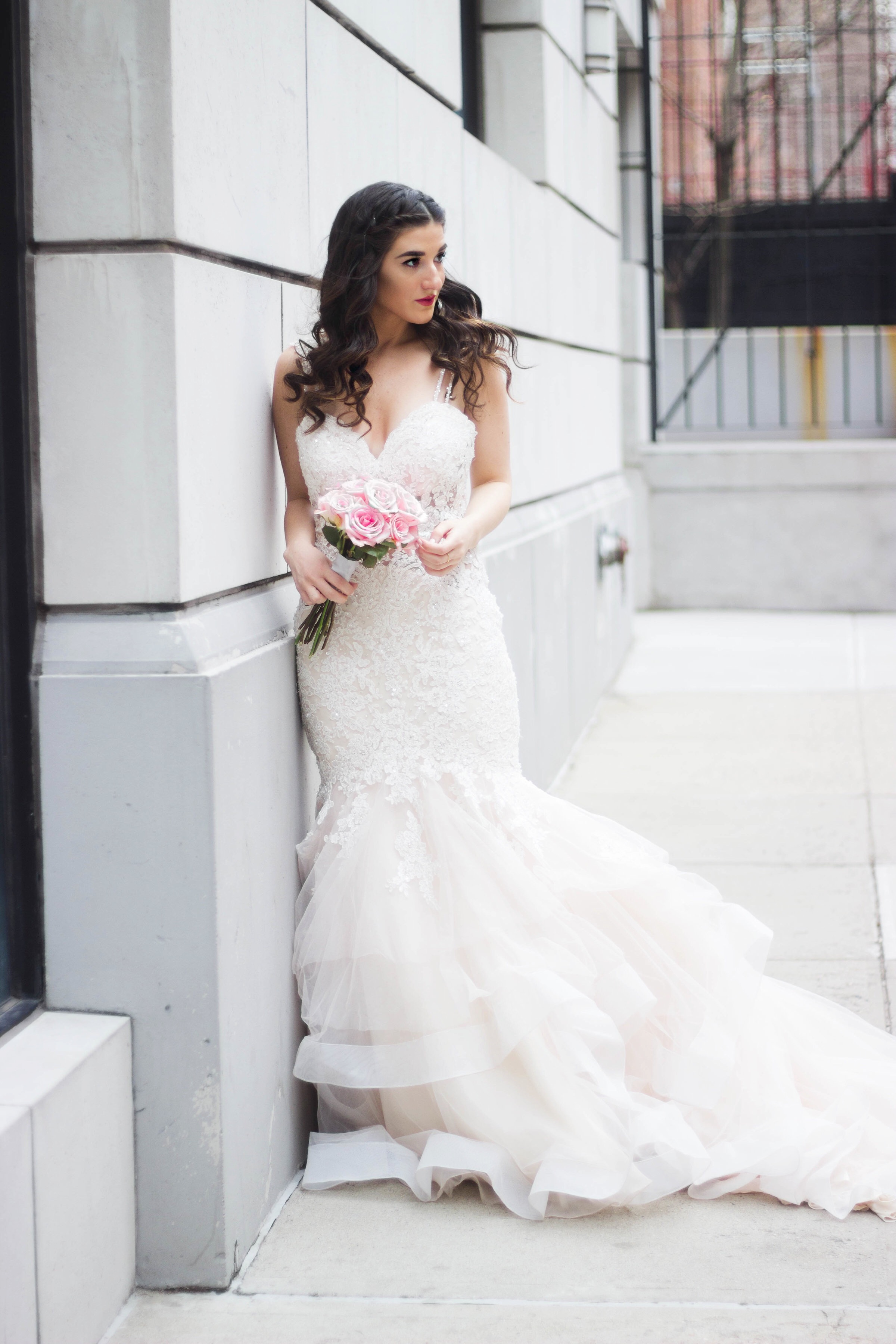 Playing Dress Up With Morilee Bridal Esther Santer Fashion Blog NYC Street Style Blogger Outfit OOTD Trendy Wedding Dress Gown White Dreamy Modern Timeless Beautiful Train Pink Flowers Bouquet Hair Hairstyle Beauty Makeup Lace Mermaid Trumpet  Flare.jpg