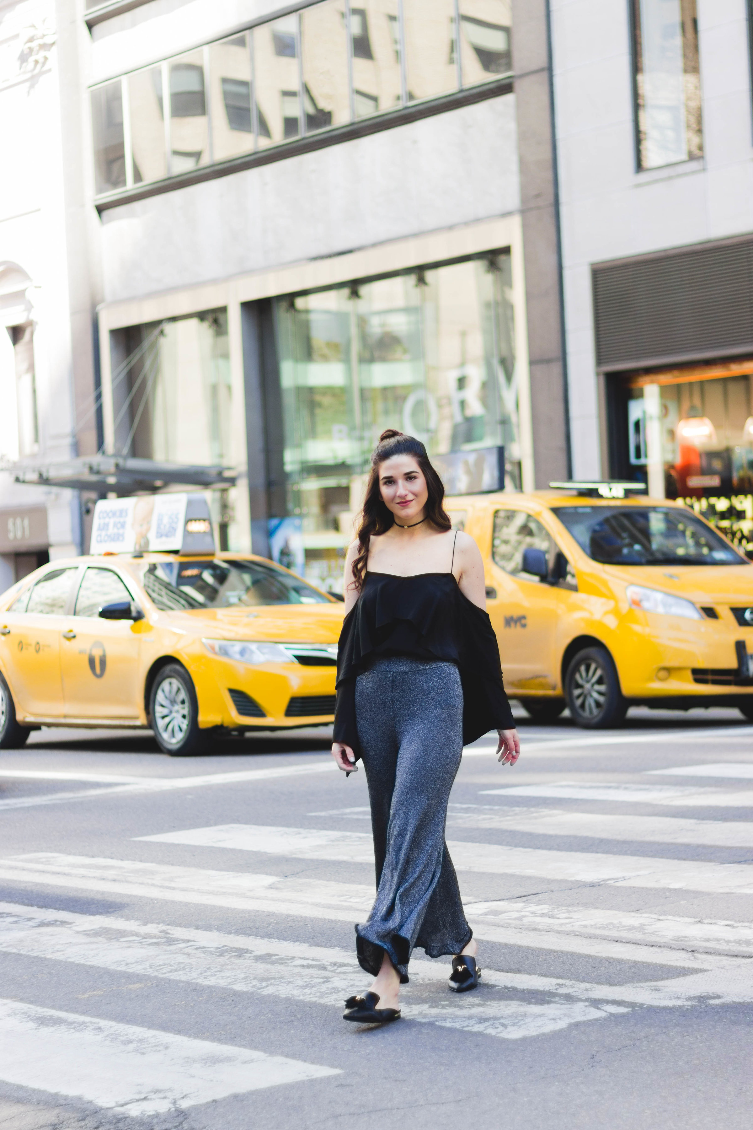 Metallic Pants Black Silk Top How To Find A Photographer Esther Santer Fashion Blog NYC Street Style Blogger Outfit OOTD Trendy Jay Godfrey Lips Clutch Bag Cold Shoulder Jewel Choker Hair Topknot Girl Women Tassel Slides Photoshoot Shop Wearing Summer.jpg