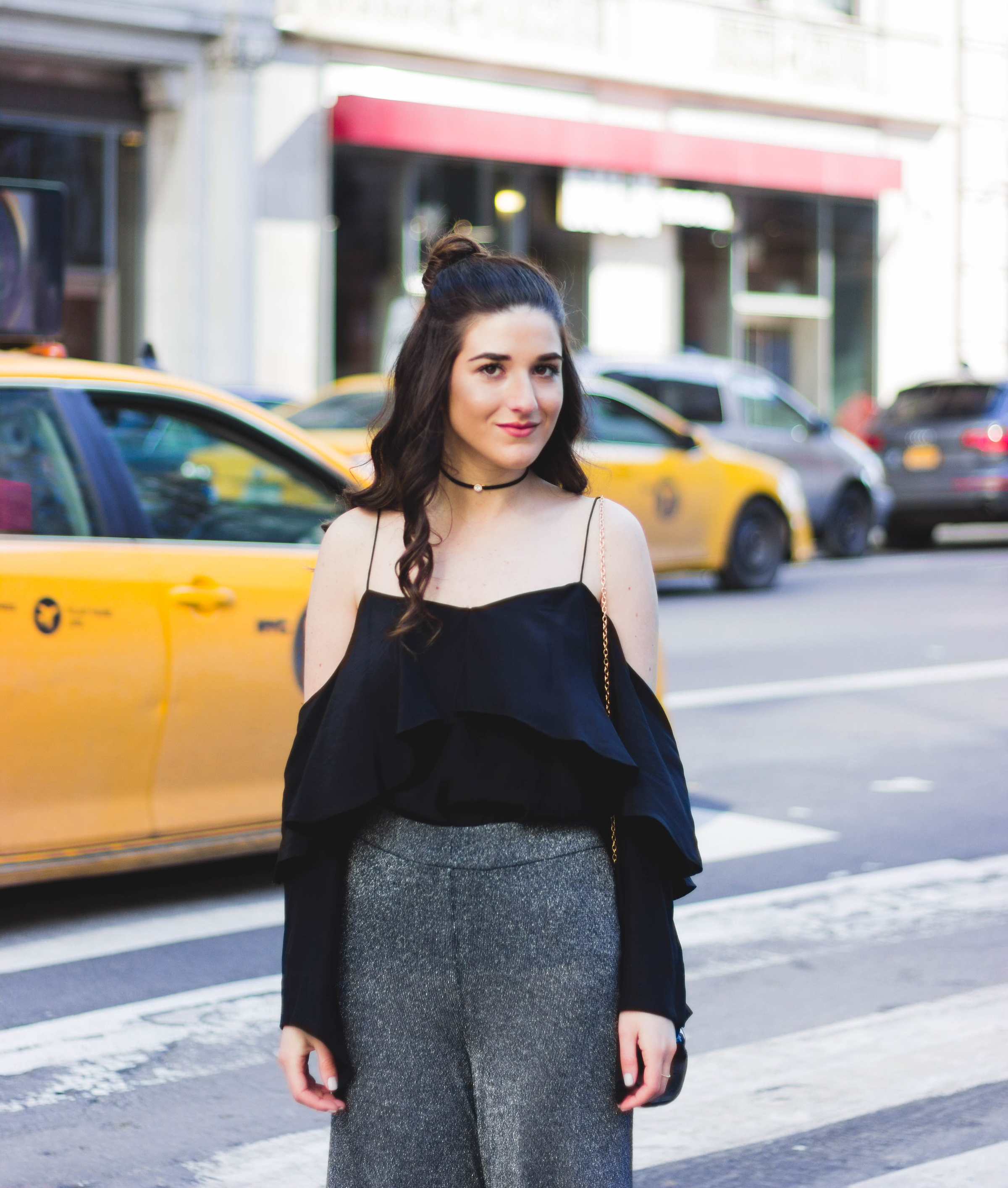 Metallic Pants Black Silk Top How To Find A Photographer Esther Santer Fashion Blog NYC Street Style Blogger Outfit OOTD Trendy Jay Godfrey Lips Clutch Bag Cold Shoulder Jewel Choker Tassel Slides Hair Topknot Girl Photoshoot Women Summer Shop Wearing.jpg